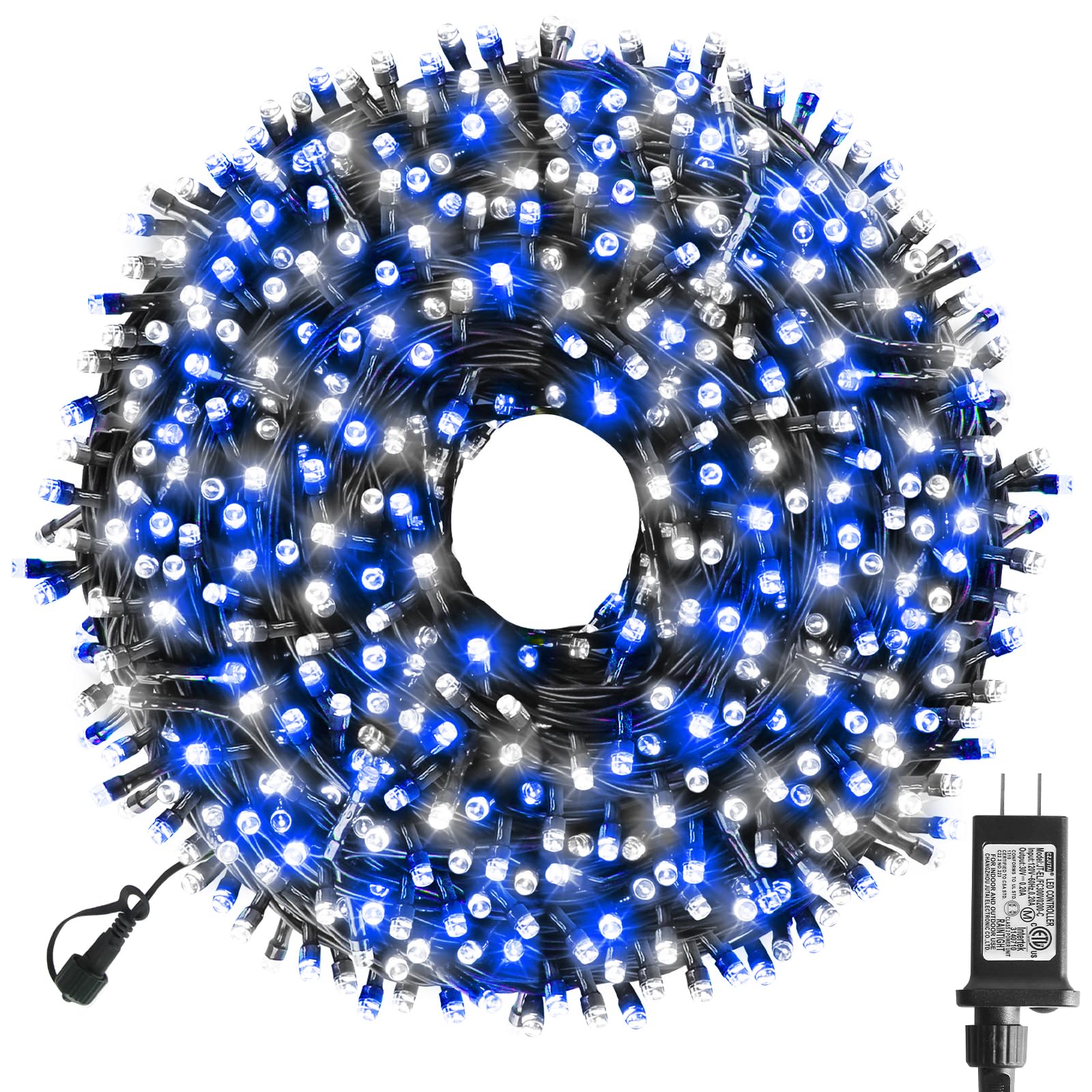 XTF2015 Christmas String Lights, 300 LED, 105ft, 8 Modes, UL Certified, Blue White, Model QL300IE, Indoor Outdoor Fairy Lights