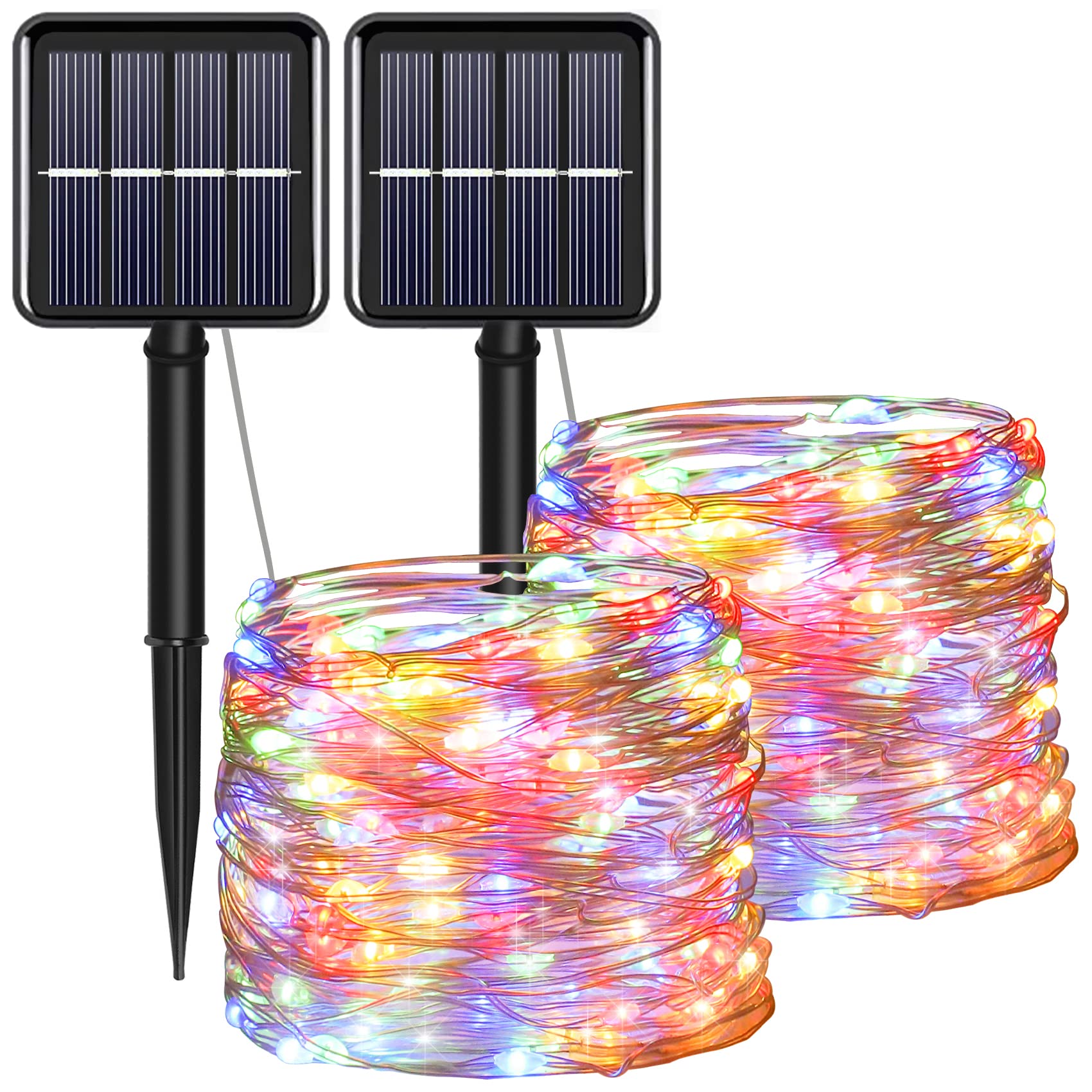 YAOZHOU Solar Christmas String Lights 100 LED Waterproof 8 Modes Copper Multicolor 2 Pack for Outdoor Garden Balcony