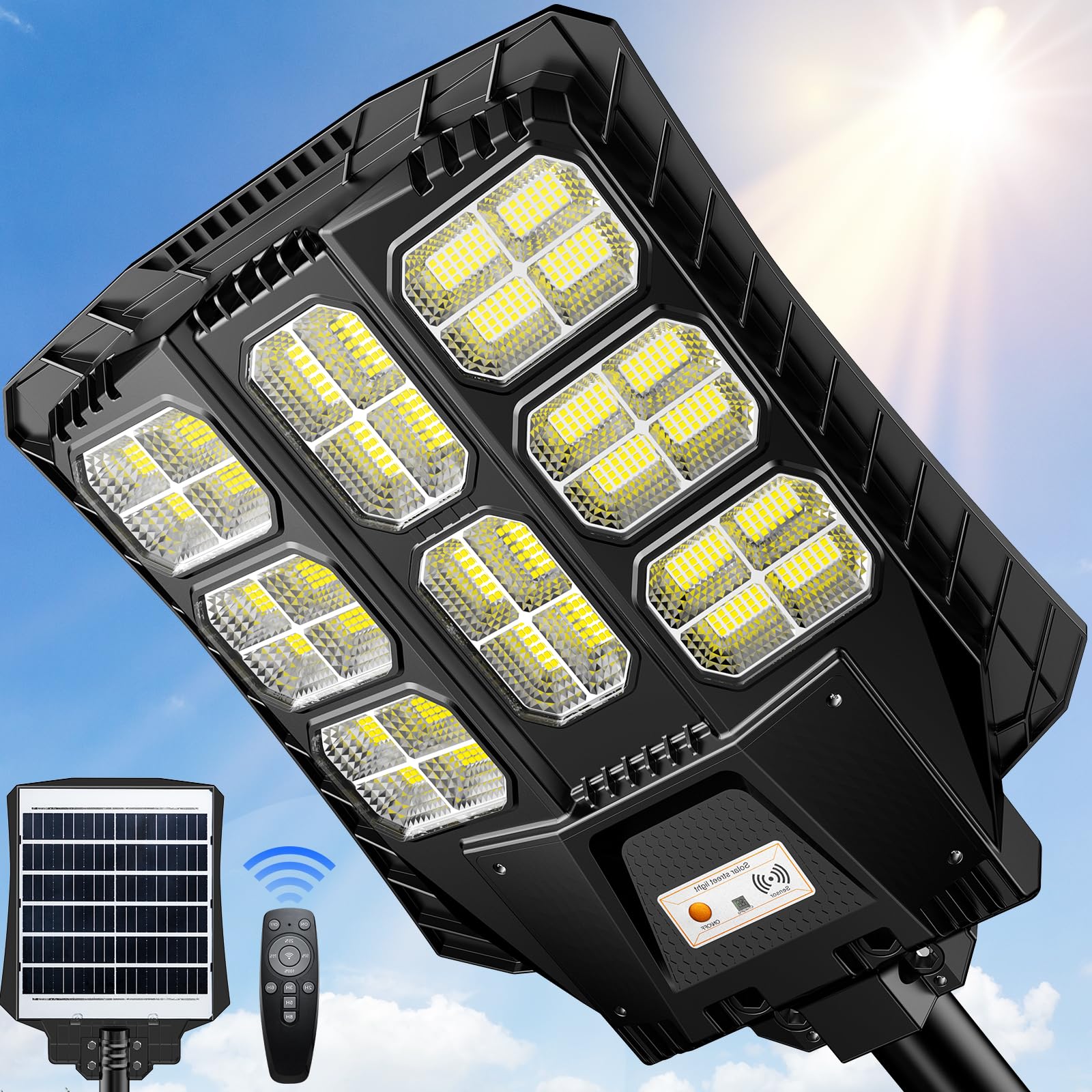 3200W Solar Street Lights Outdoor Waterproof, Solar Powered LED Flood Light Outside, Wide Angle Security Parking Lot Light Dusk 