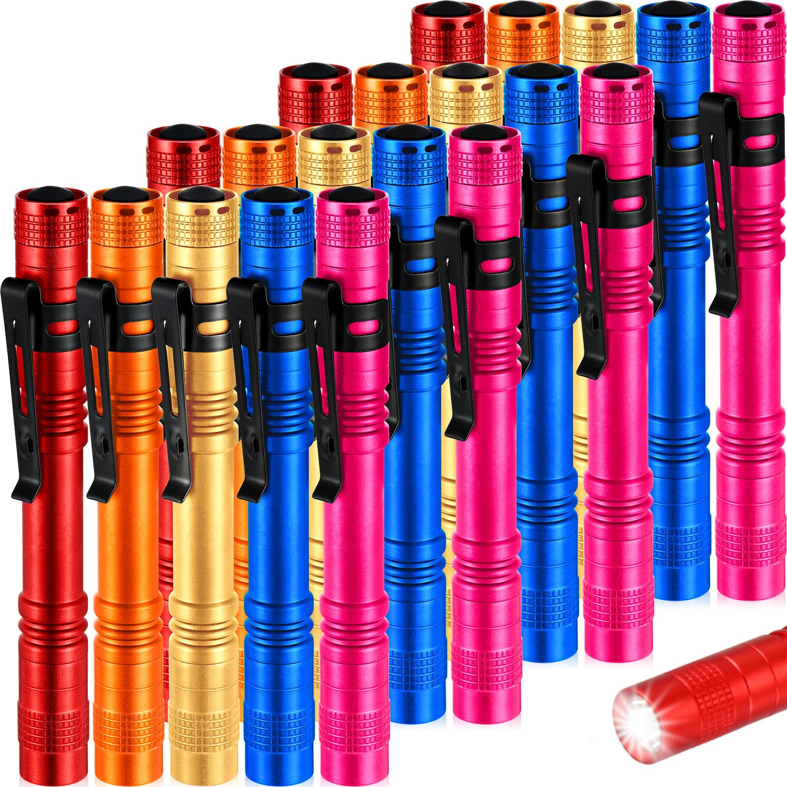 Hortsun Mini Pen Light Flashlights, 5.12 Inch, Aluminum, 20 Pcs, Pocket Size, LED, Colors: Red, Rose Pink, Yellow, Blue, Orange