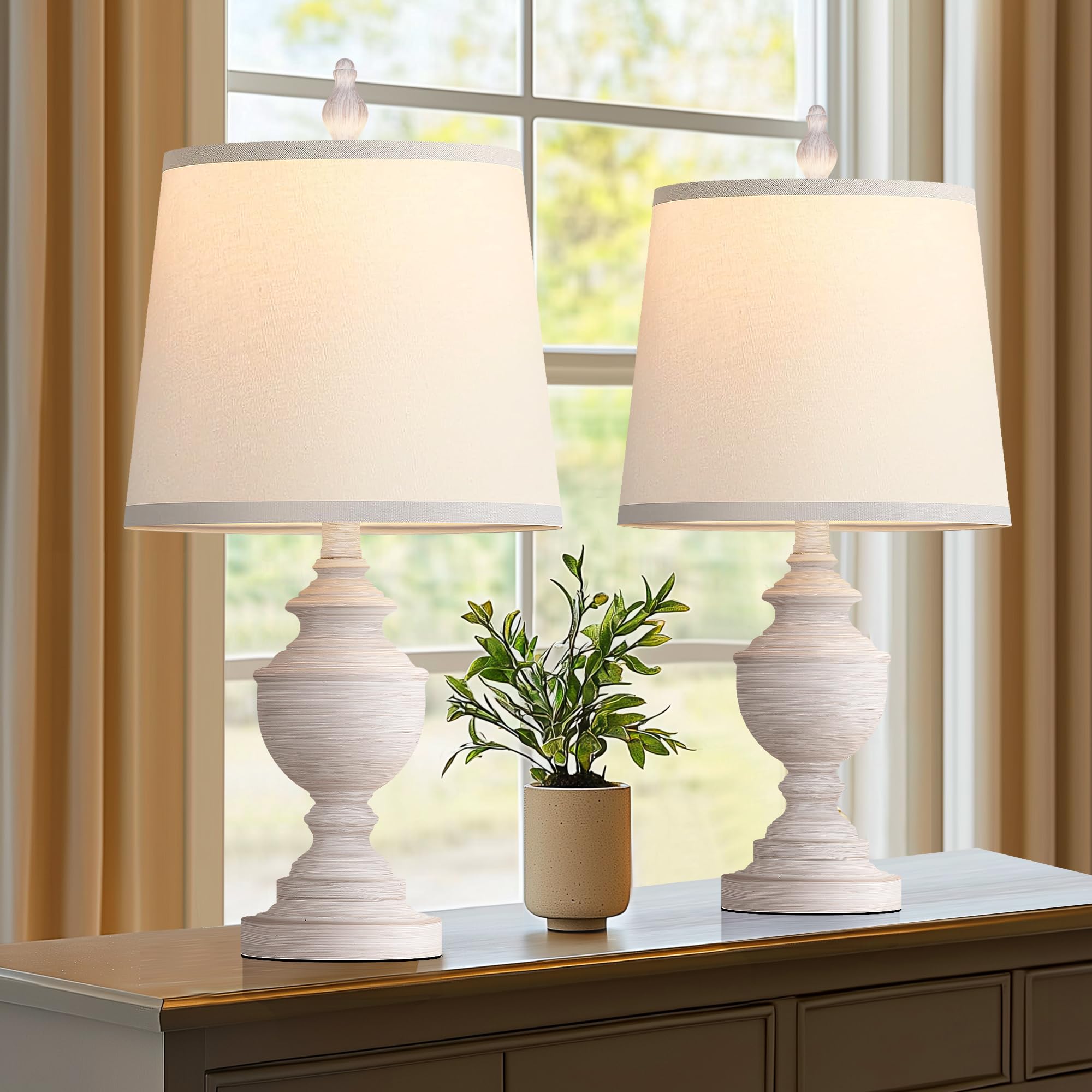 PARTPHONER Retro Table Lamps Set of 2, 22in Vintage Nightstand Lamps, White Resin Shades, Rustic Farmhouse Design