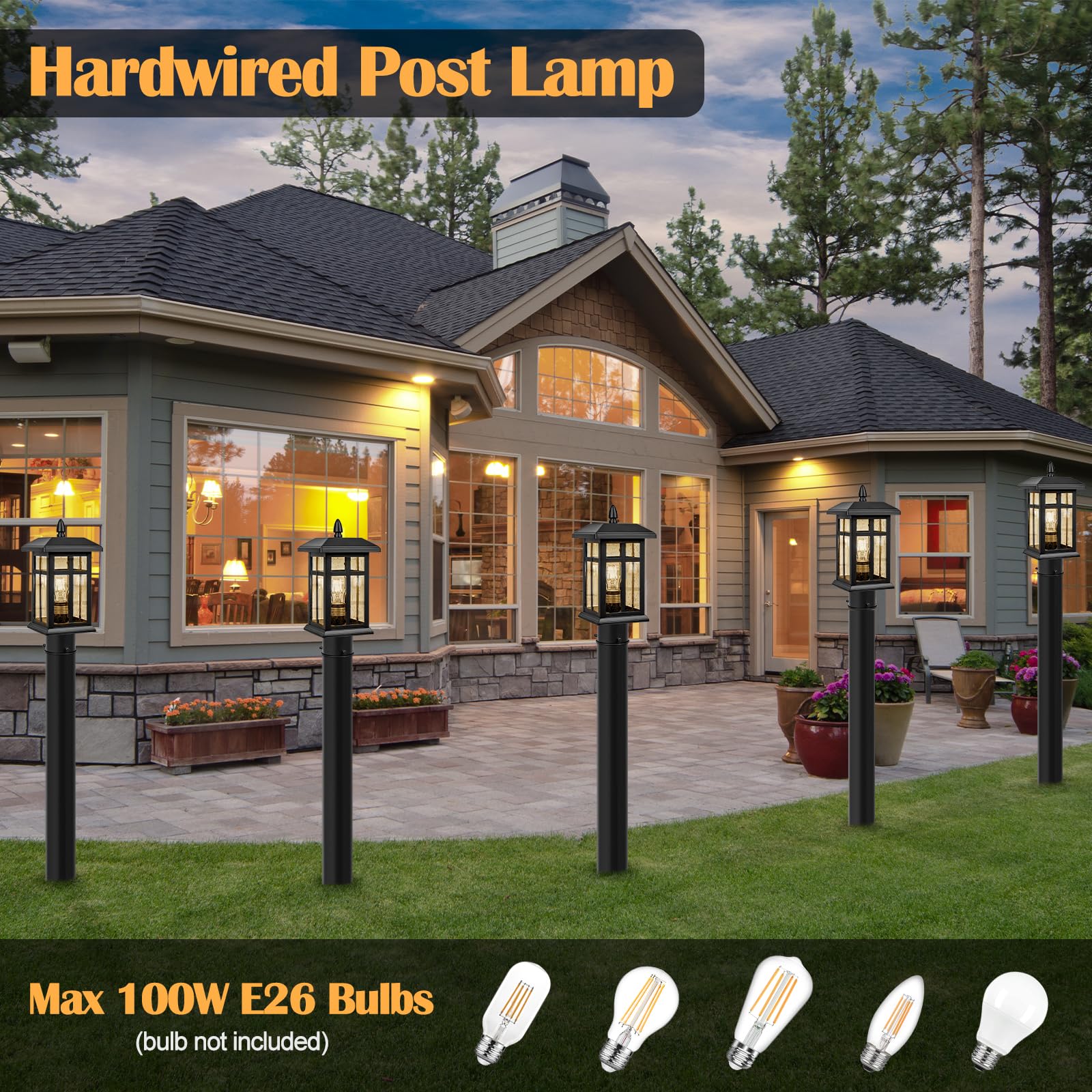 Brilvibera Outdoor Post Light 2-Pack, Black Waterproof Electric Lamp with Dusk to Dawn Feature for Yard and Driveway