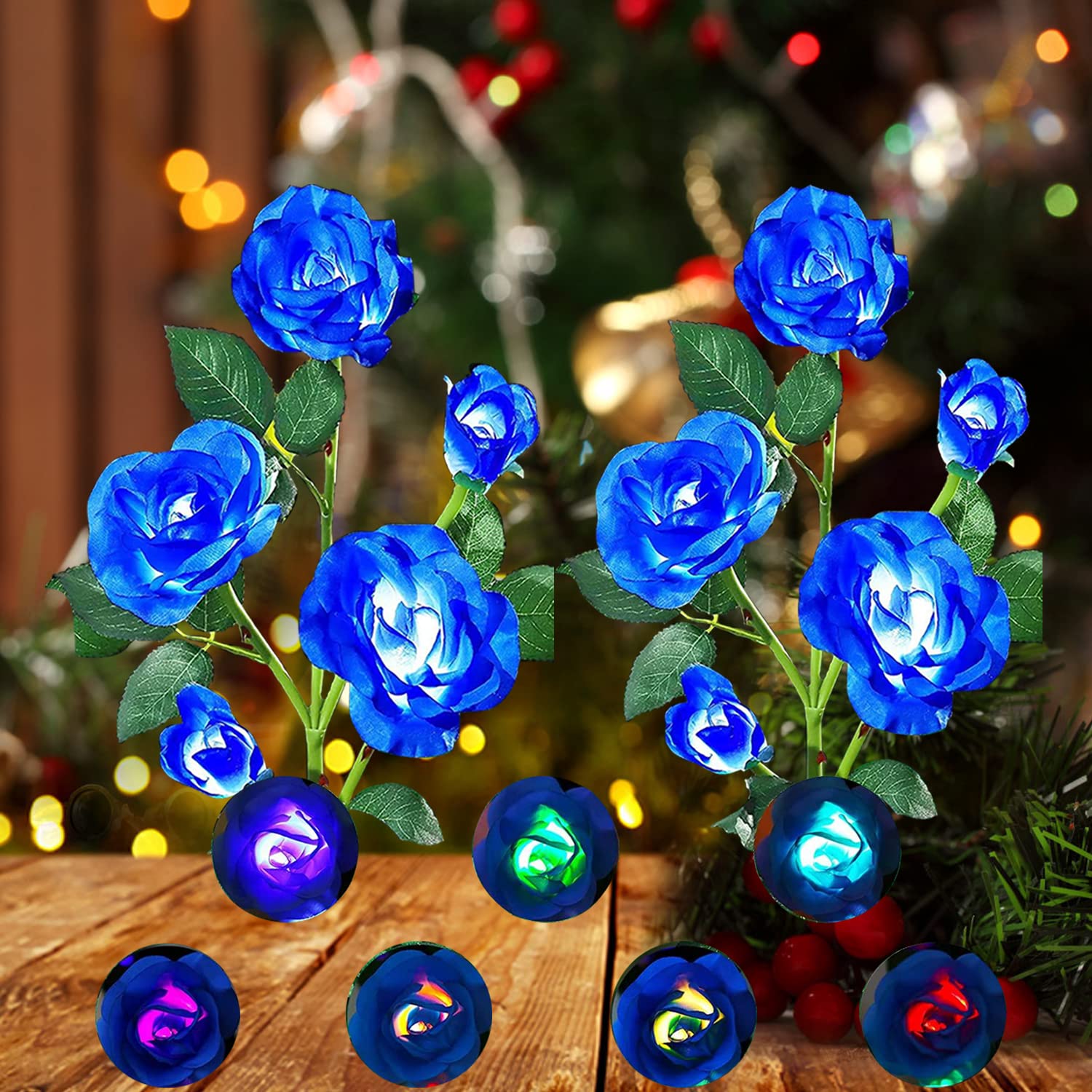 Angmln 2 Pack Solar Garden Lights, Solar Flower Lights Outdoor Waterproof With 10 Head Blue Rose 7-Color Changing Landscape Ligh