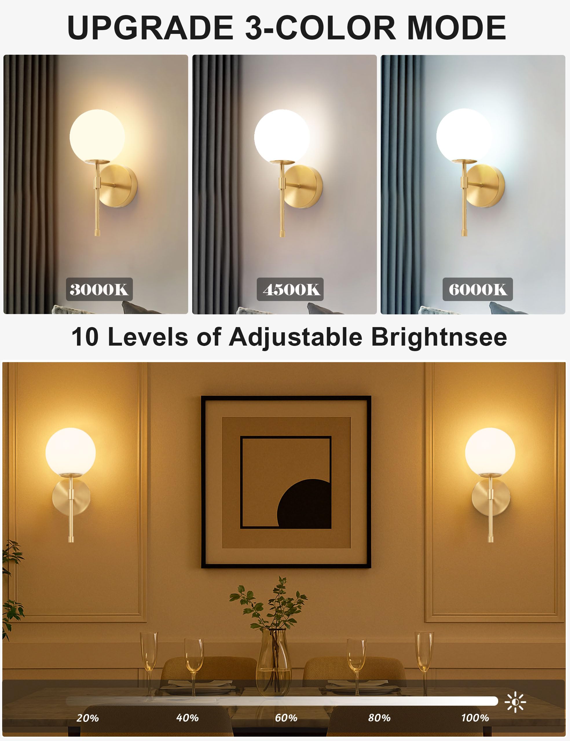 MSTETO Battery Operated Globe Wall Sconces Set of 2, Brushed Gold, Wireless with Remote Control, Rechargeable, Modern Design