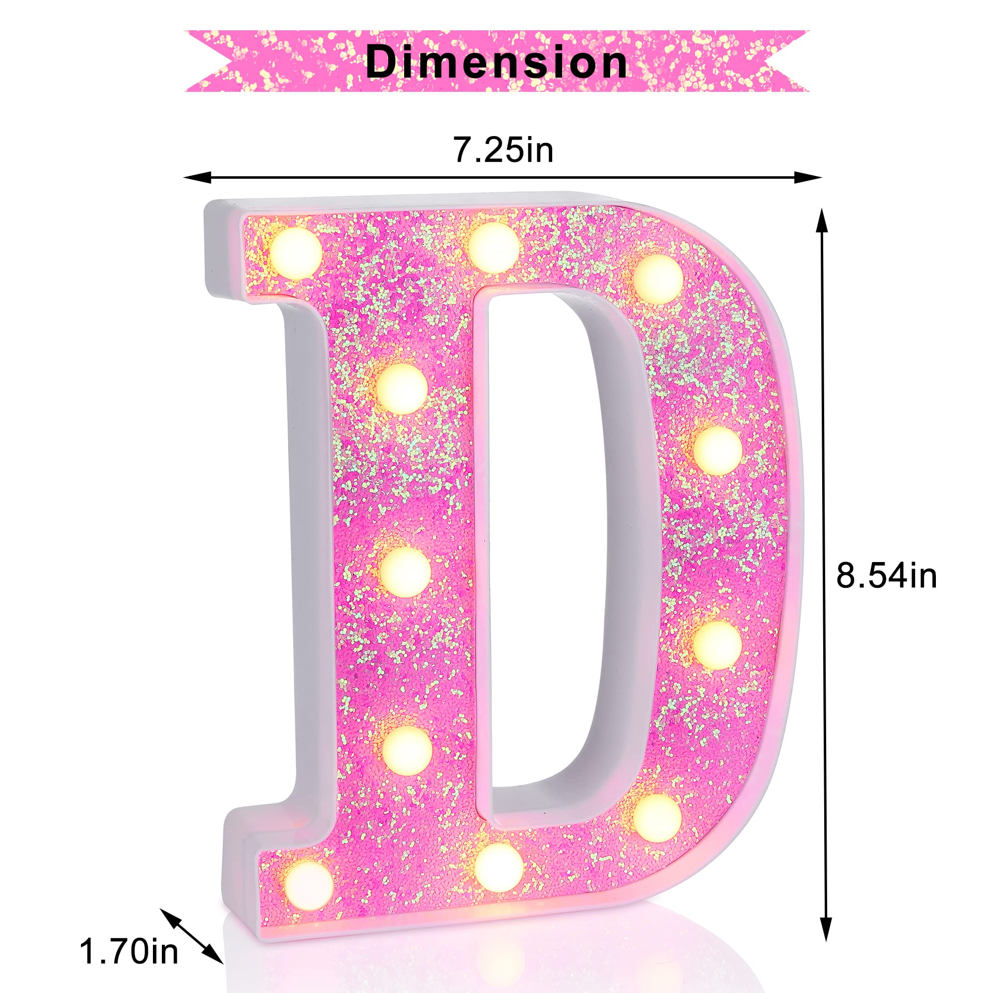 Foaky LED Letter Lights Sign - Pink Glitter Alphabet Night Light for Parties, Battery Powered, Home Bar Decoration, Color D