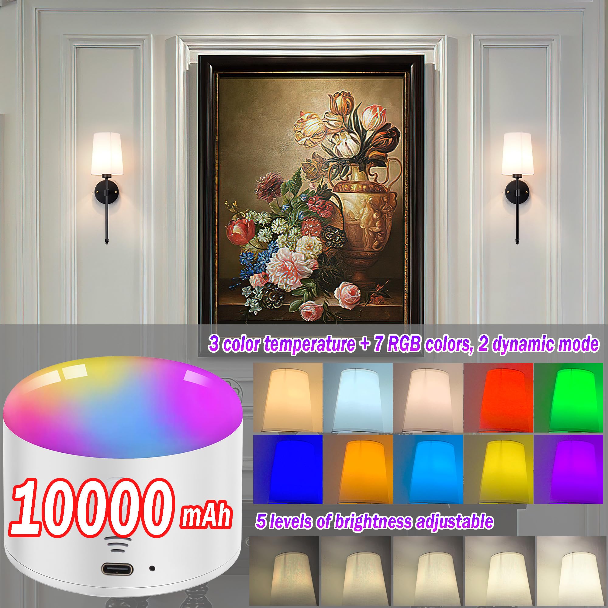 Battery Operated Wall Sconce Light With Remote Control, Dimmable Wall Sconce Set Of 2 With White Fabric Shade, Indoor Wireless B