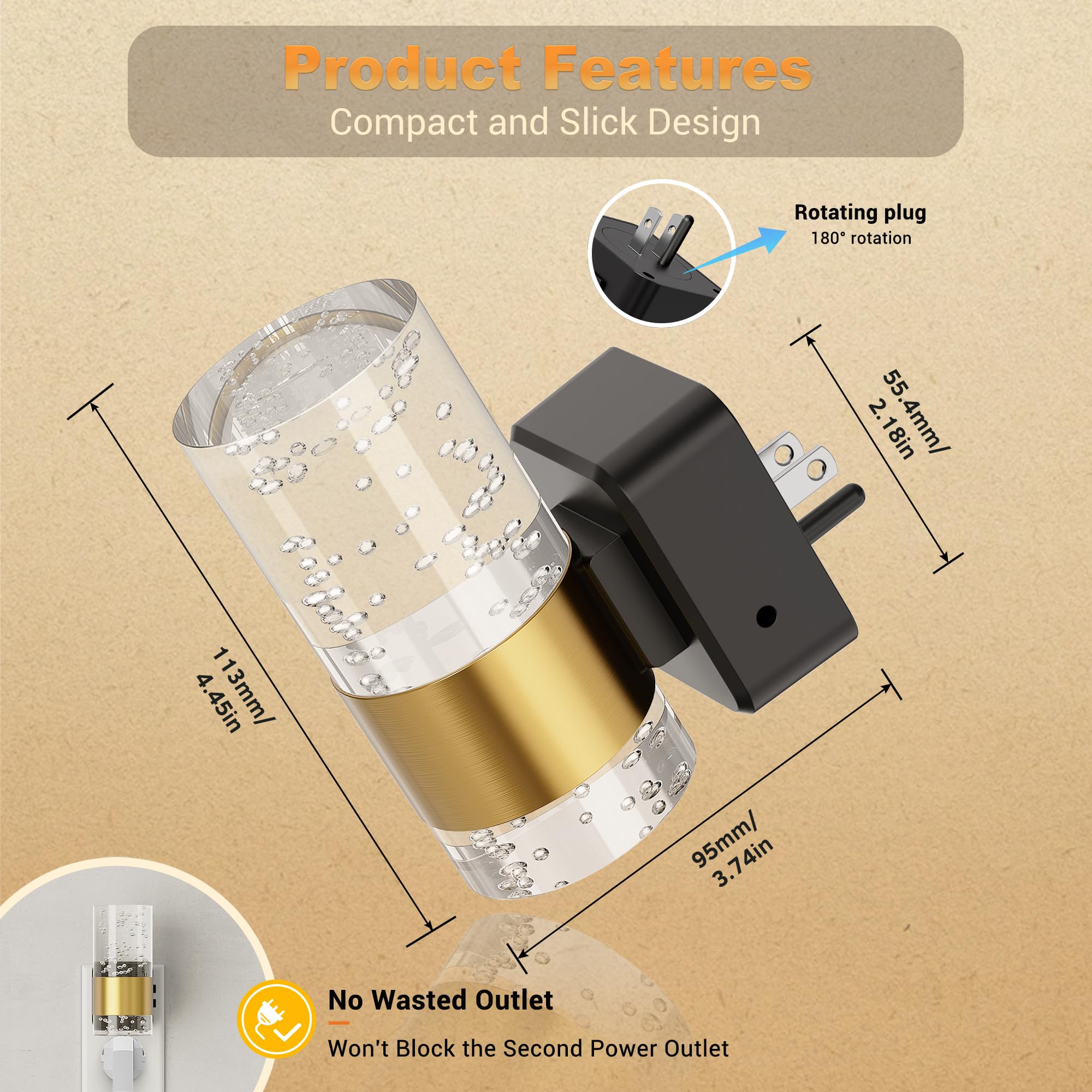 Jandcase Night Lights Plug Into Wall, Color Changing Night Light,10/50/100Lm Adjustable Brightness Nightlight,Amber/3000K/5000K