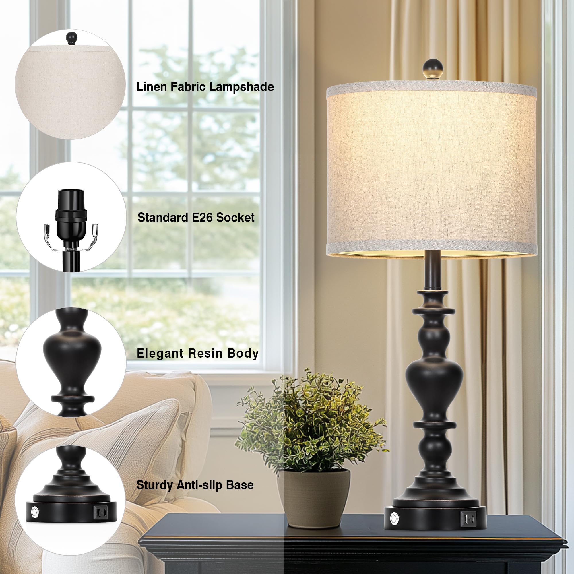 27'' Farmhouse Vintage Lamps Set Of 2 With Usb C+A Ports & Ac Outlets, Black Rustic Touch Control Table Lamp For Living Room, 3-