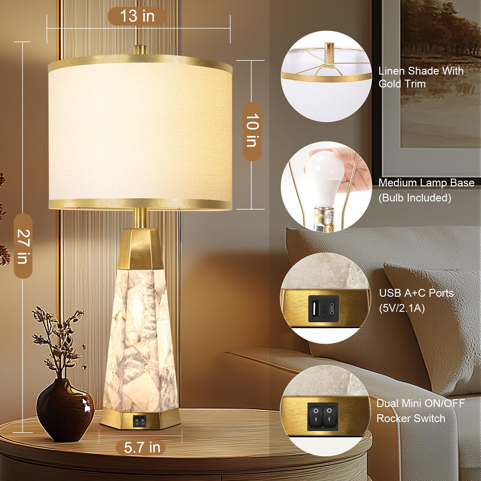 KIVDITZO Alabaster Table Lamps Set of 2 with USB Ports, Night Light, White Linen Shade, Golden Colored-3, Model LPZL014
