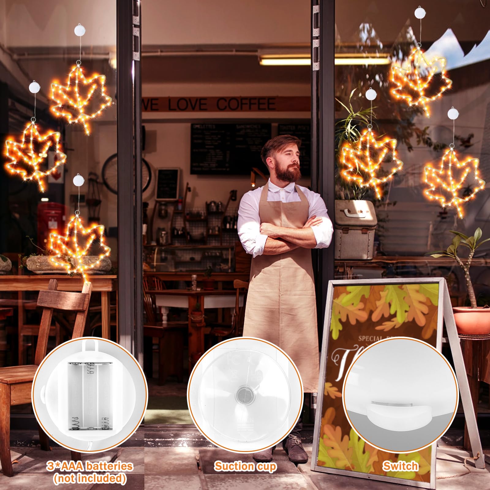 (New) Cerflyer Fall Decoration, Thanksgiving Window Lights With Suction Cup, Metal Frame Maple Leaf Silhouette Lights For Window Wall Home Fall Thanksgiving Décor, Battery Operated - 3 Pack