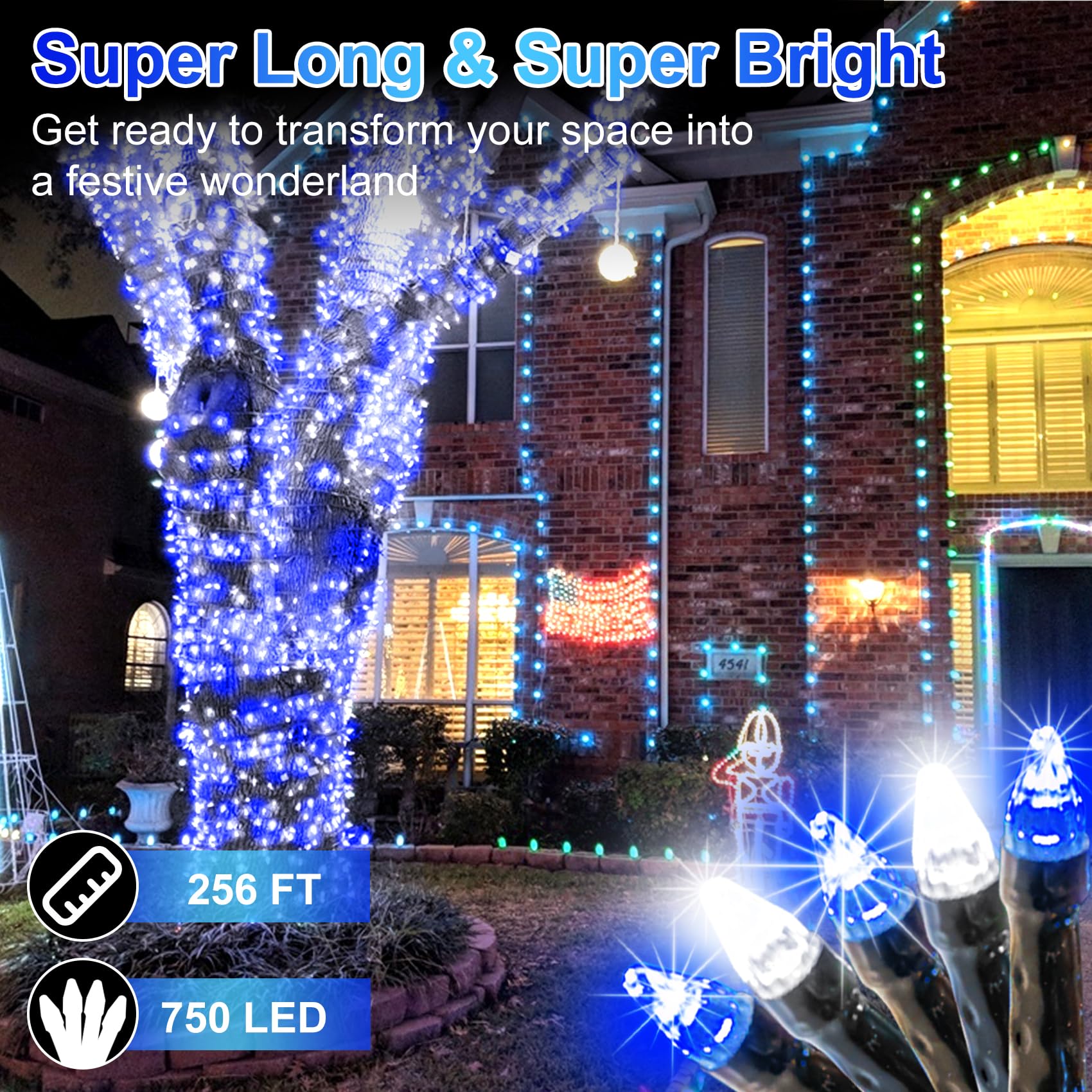 WUXYIYANG 750 LED Outdoor Christmas Lights 256FT Waterproof Dark Green Wire 8 Modes Timer Blue & White
