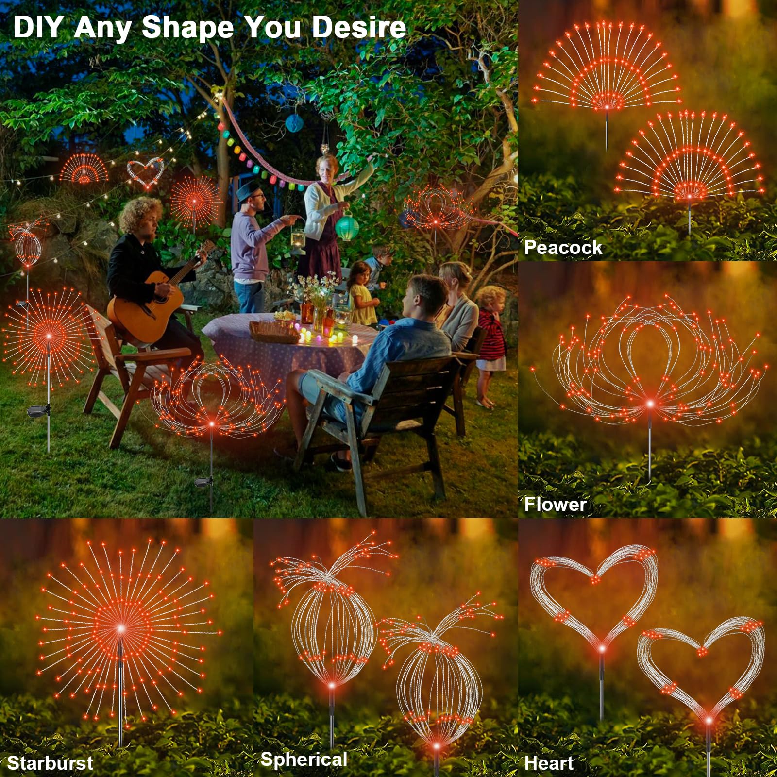 YaaFen Solar Garden Lights, 120 LED Twinkling Firework Lights, 2 Pack, Waterproof, Orange, Model YHD