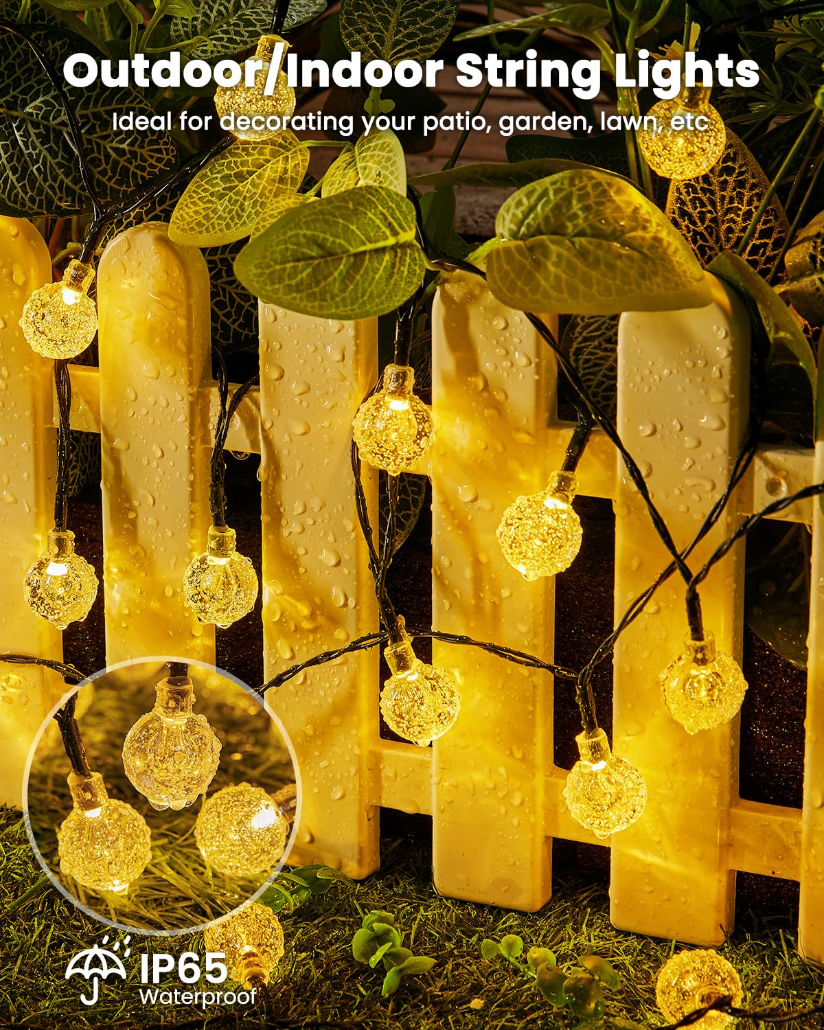 Brightown Solar String Lights Outdoor 60 LED 36FT Waterproof Crystal Globe Warm White - 8 Lighting Modes for Garden, Yard, Party Decor