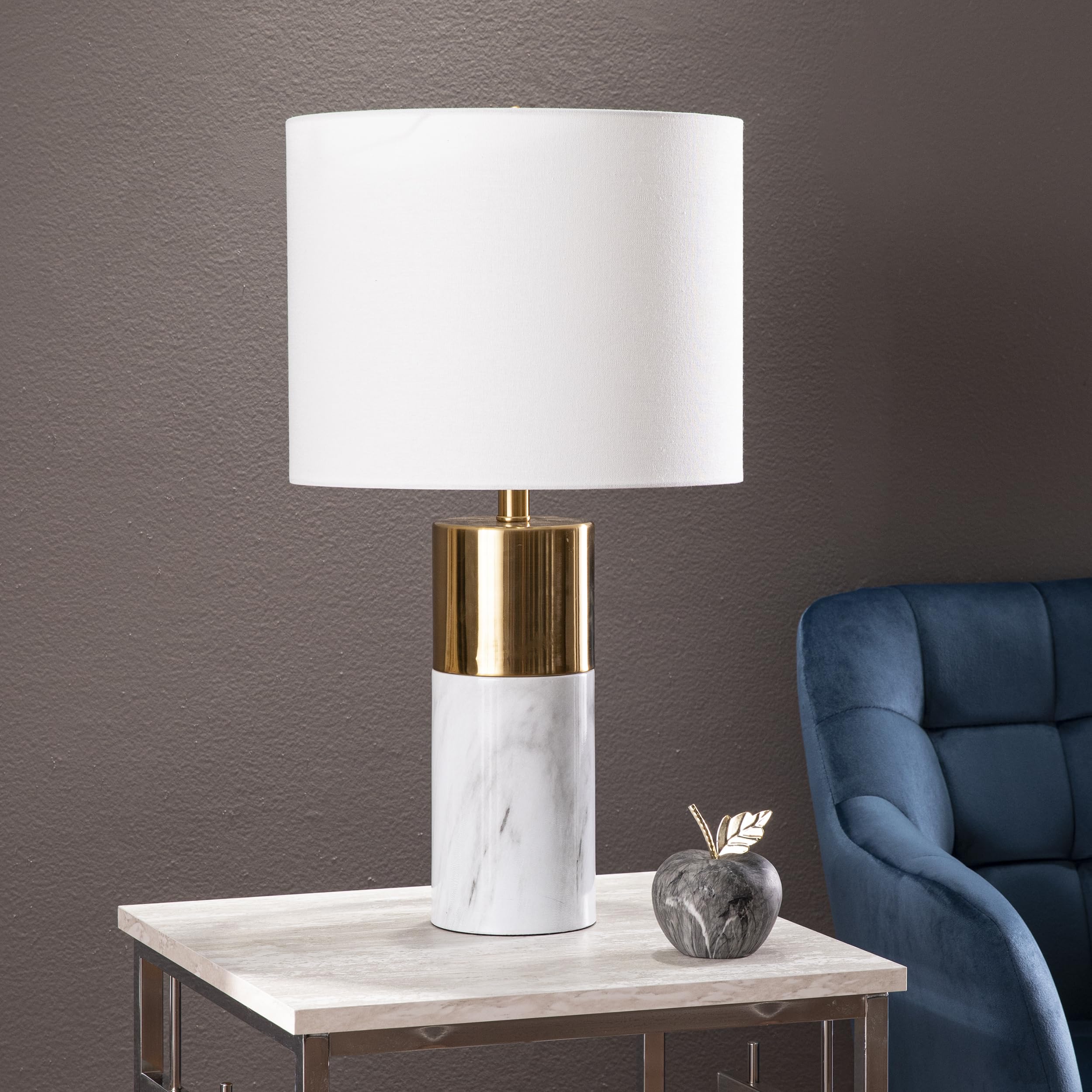 Sei Furniture Milvy White Faux Marble Table Lamp With Fabric Shade, Gold Finish, Transitional Design