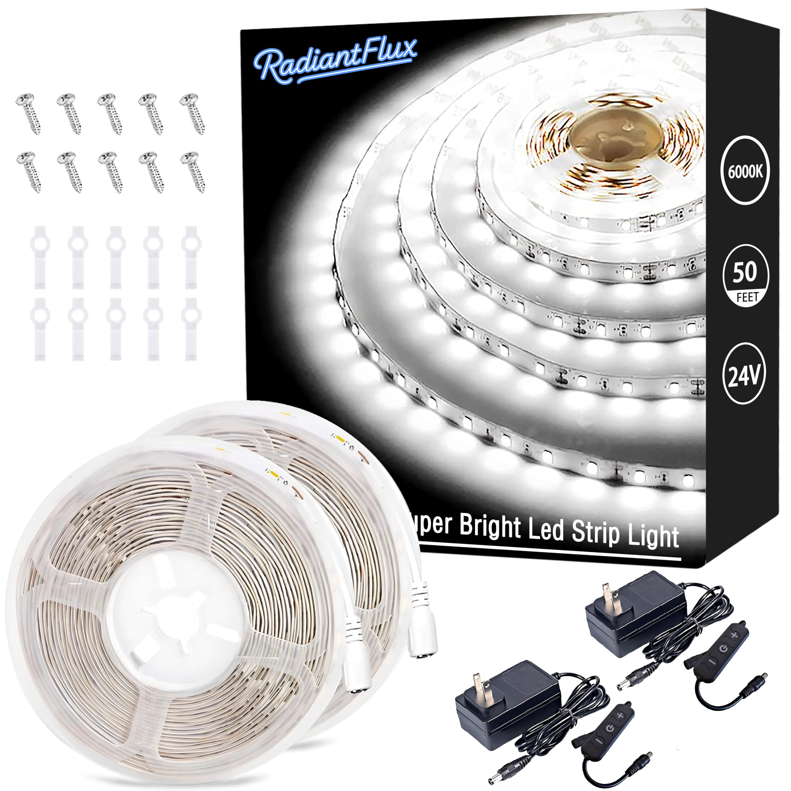 Radiantflux White Led Strips Lights.2 Sets Of 50Ft Strip Light Flexible Light Strip Good Lighting Led Light Strip 1800 Leds 6000K Light For Living Room Bedside Table Vanity Mirror