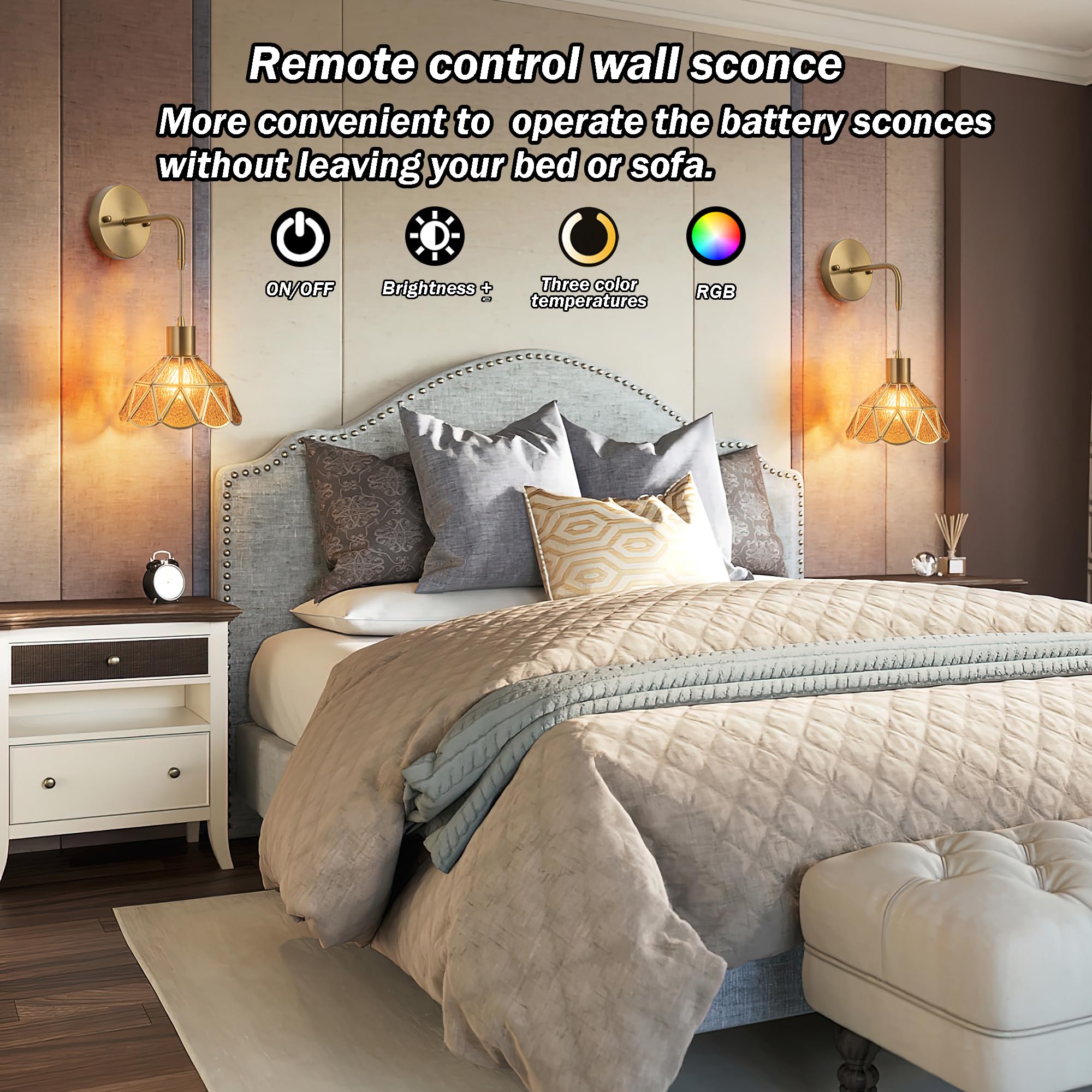 Slywise Battery Operated Wall Sconce Set, Rgb Color Changing & Dimmable With Remote, Amber Brown