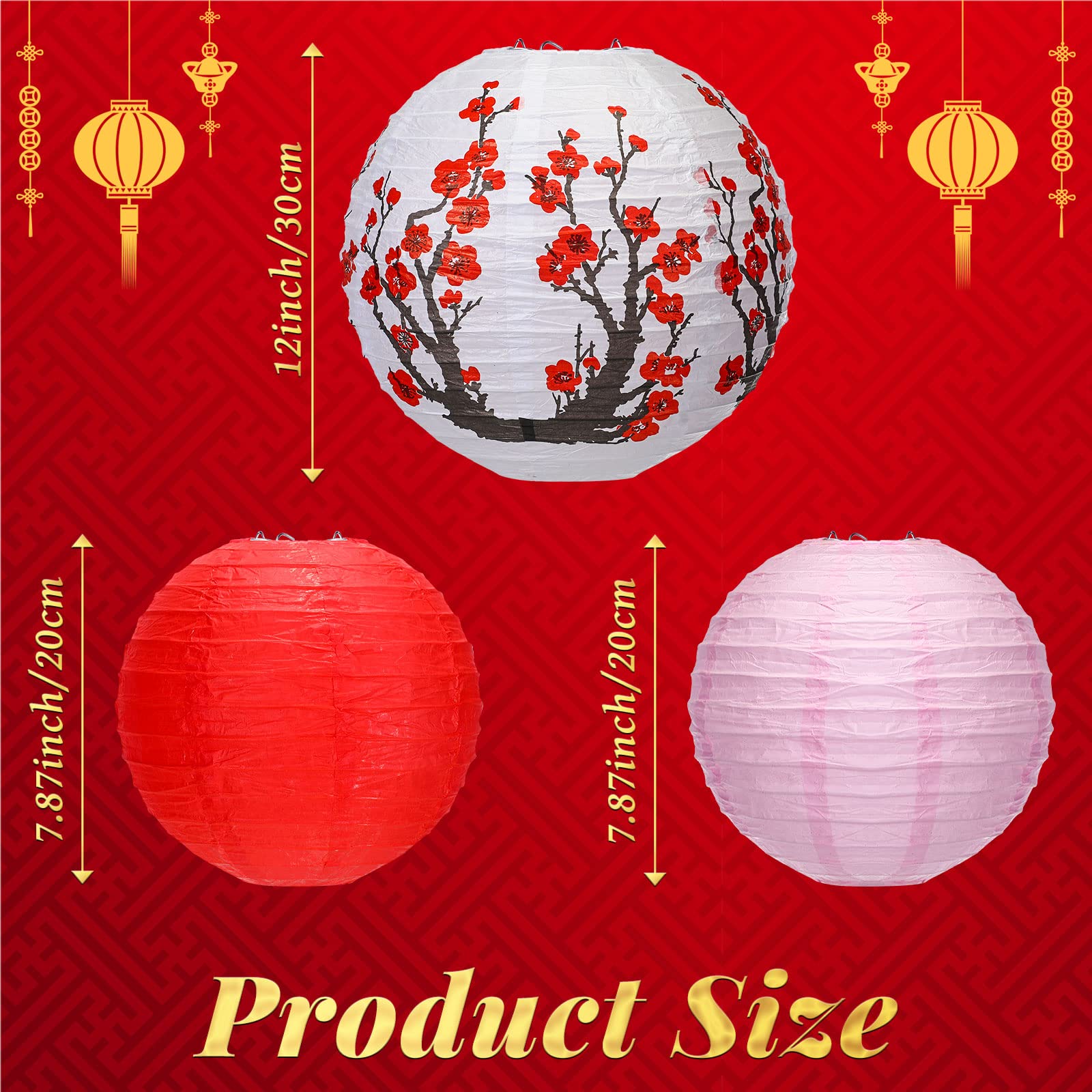 Mudder 20Pcs Chinese Japanese Paper Lanterns (12'' Cherry Blossom, 7.5'' Red) For Wedding, Party Decor