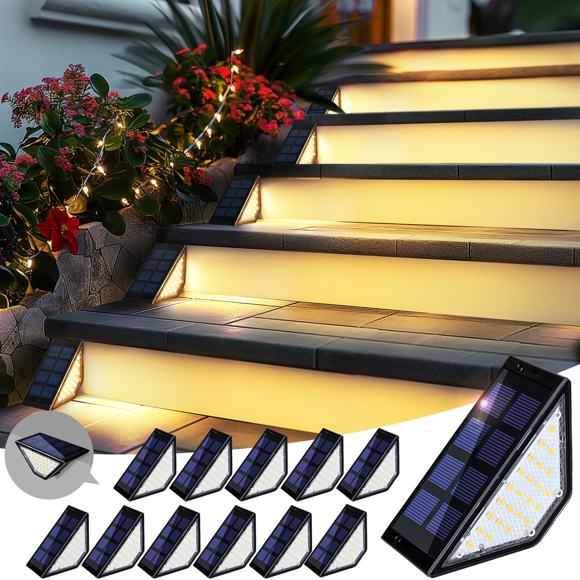 PATIOWIN Solar Step Lights, 24 LEDs Waterproof IP65, 12 Pack Warm White for Outdoor Yard, Porch, Stair, Deck, Model 9085