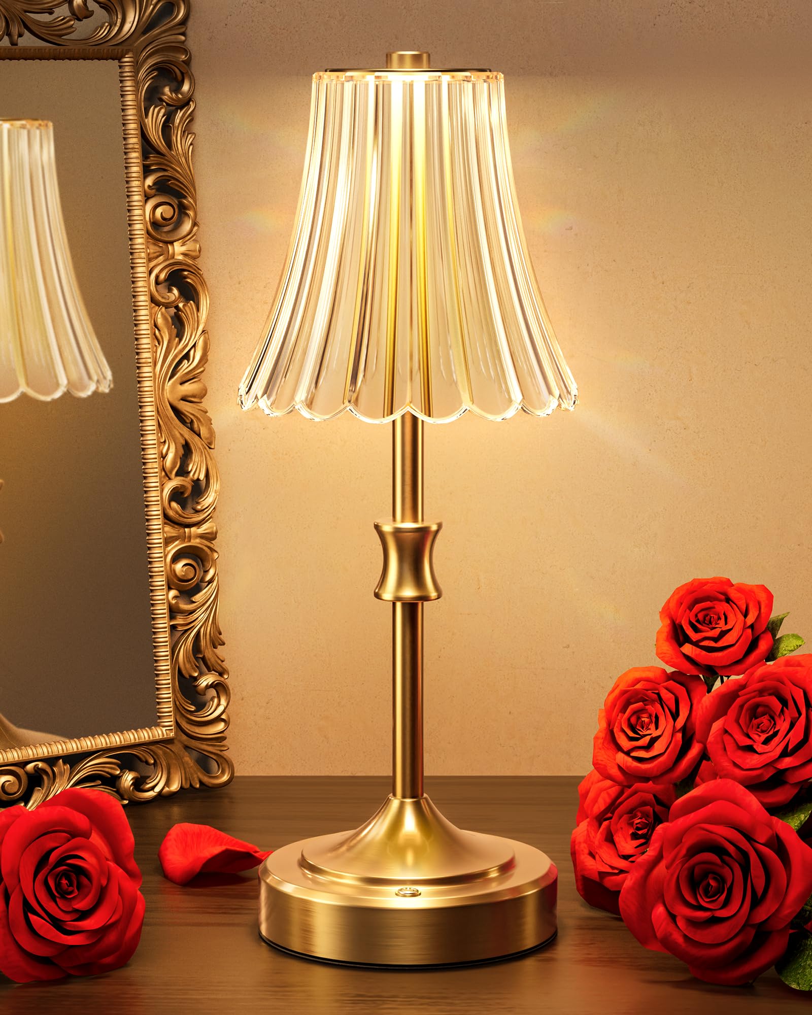 JACKYLED Vintage Cordless Table Lamp, Acrylic Crystal Flower Lamp Shade, 3 Colors Dimmable LED Golden Lamp, 5400mAh Battery Oper