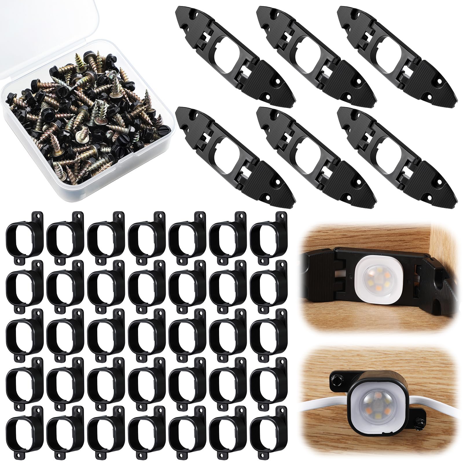 Nuanchu 66 Pcs Light Clips Set Compatible with Govee Pro H706 H806  60 Mounting Clips & 6 Gable Light Bracket with 150 Screws Compatible with Govee Pro Outdoor Lights 100ft (Black)