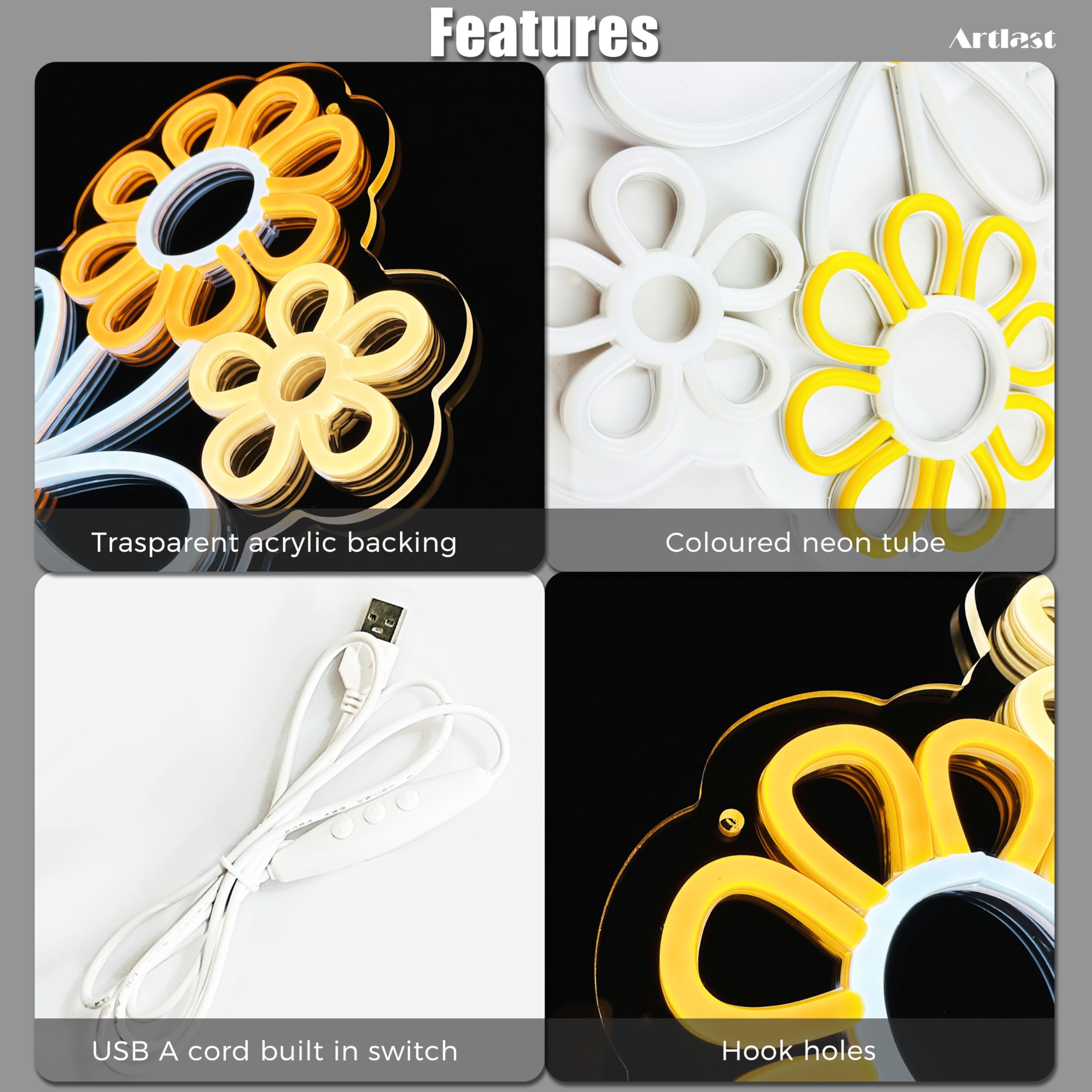 Artlast Neon Sign, Boho Flower LED Wall Decor, 13.39x13.23 inches, Cool White+Warm White+Yellow, Acrylic