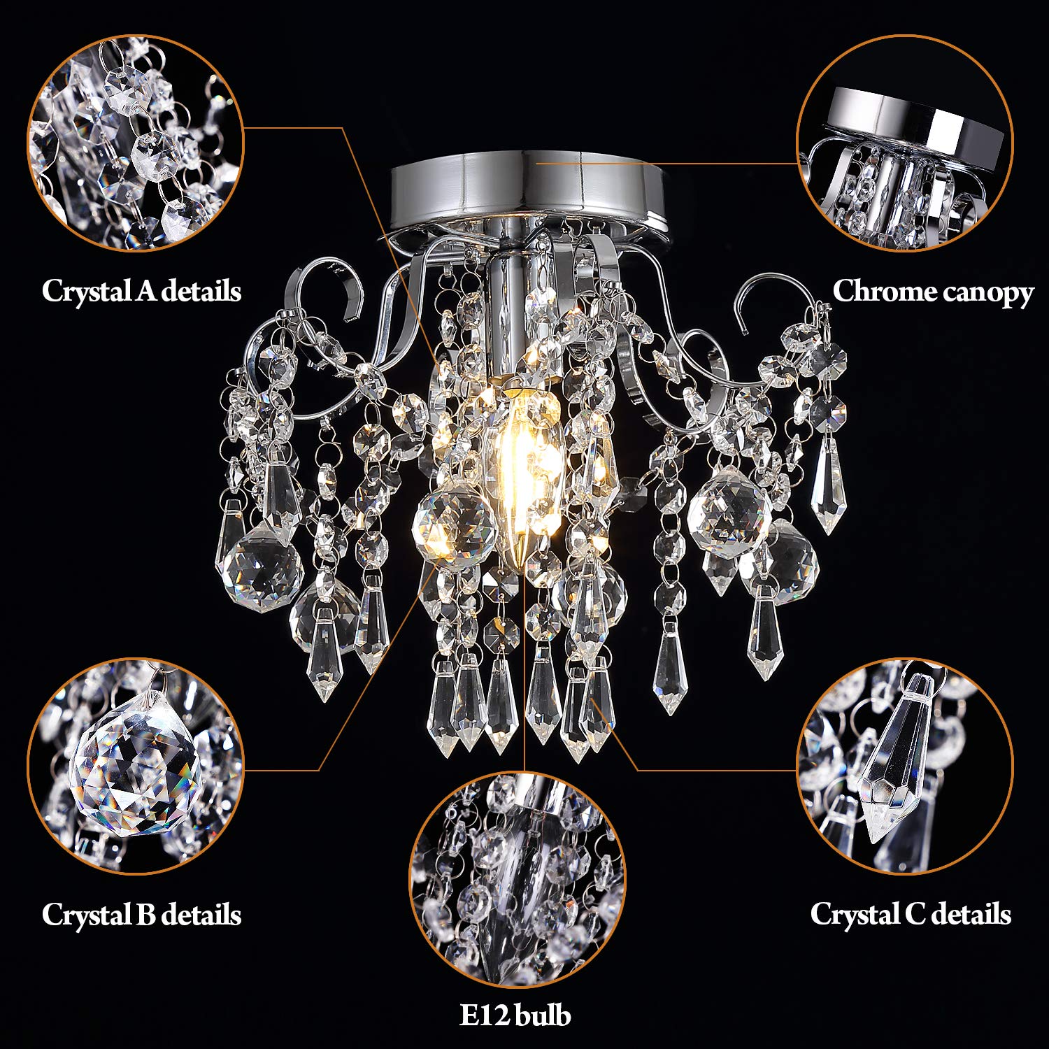 Q&S Small Crystal Chandelier Flush Mount Light Fixture, 1-Light, Chrome Metal, Clear K9 Crystal, Model P2001-1
