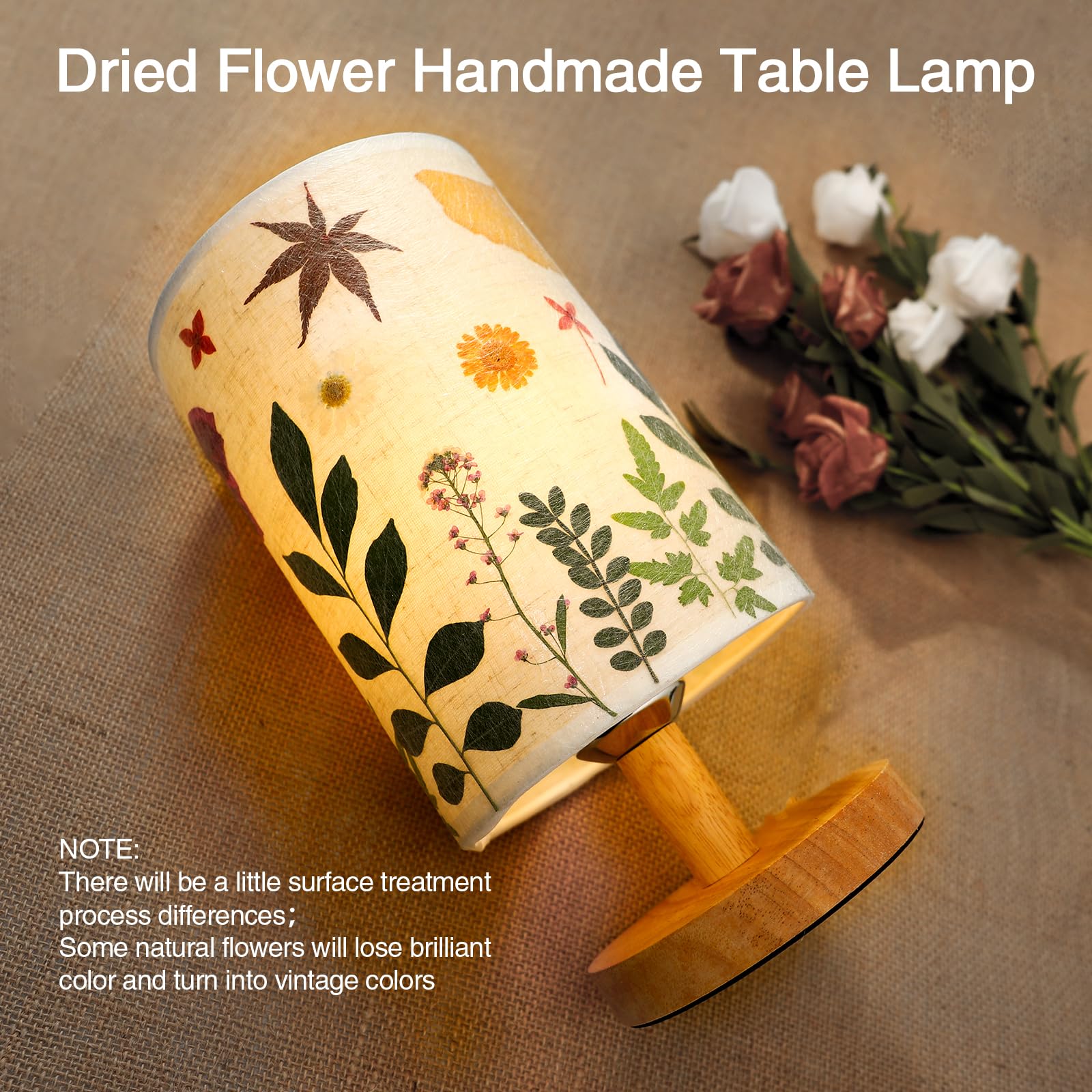 Floresita Pressed Flowers Table Lamp - 5W LED, 3 Color Temperatures, Linen Shade, Wood Base, Round-Leaves Design for Bedroom & Office