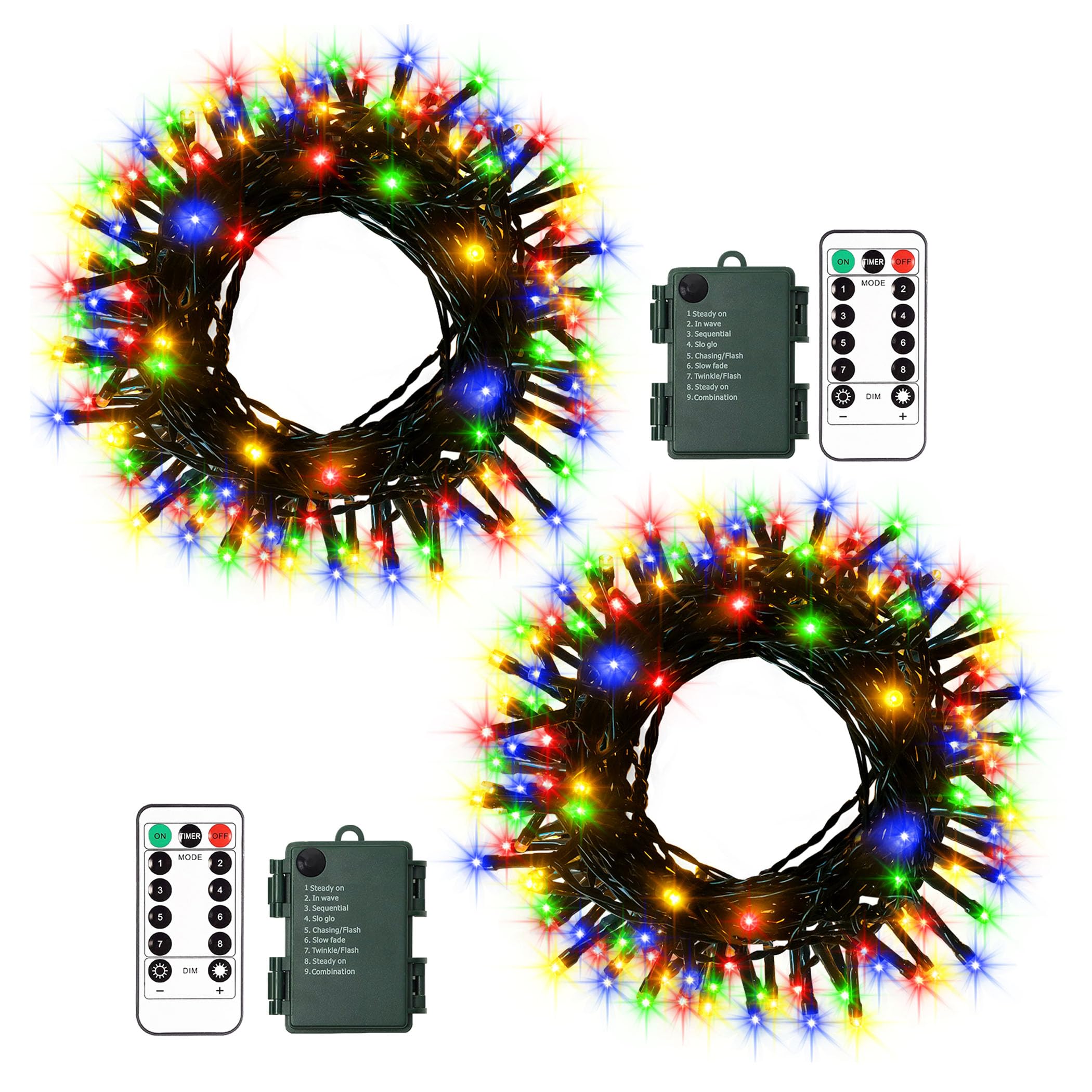DBFAIRY 2 Pack String Lights Battery Operated 16.5Ft Multicolor Christmas Lights Outdoor Battery Wreath Light with Remote Dim Timer 8Modes for Party Garden Christmas Tree D?cor (Dark Green Wire)