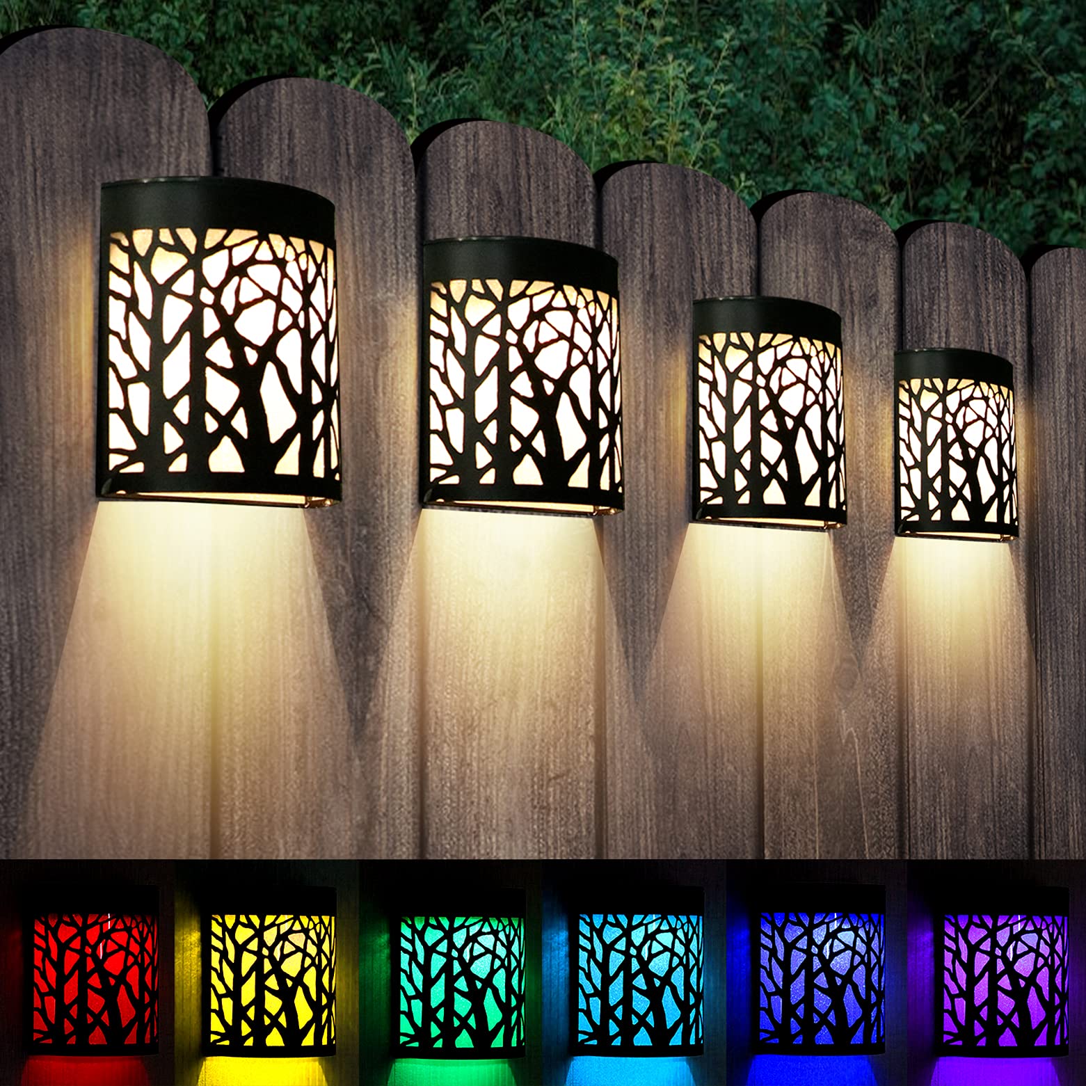 Denicmic Solar Wall Lights, Waterproof Outdoor Sconce, Warm White/Color Changing, 4 Pack