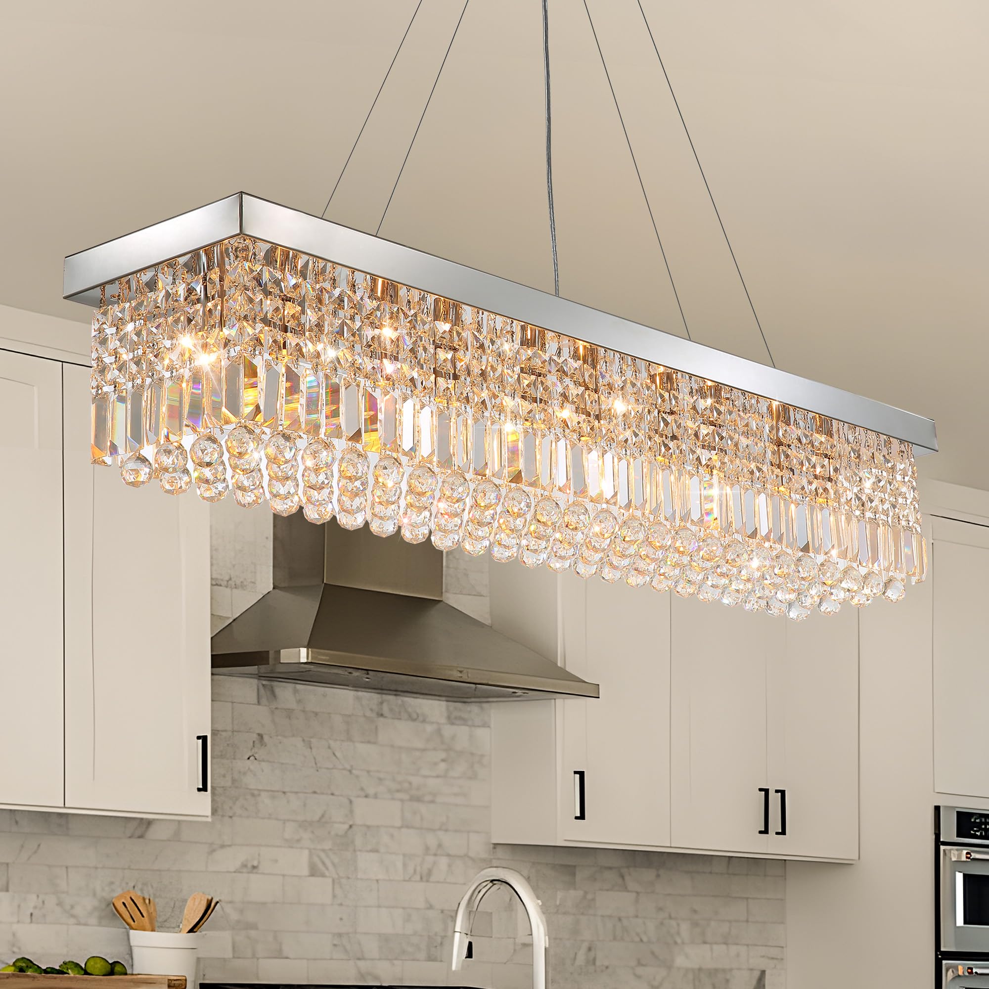 Tinkoso Modern Silver Rectangular Crystal Chandelier,10-Light Modern Chandelier,K9 Crystal Rectangle Chandelier,Farmhouse Pendan