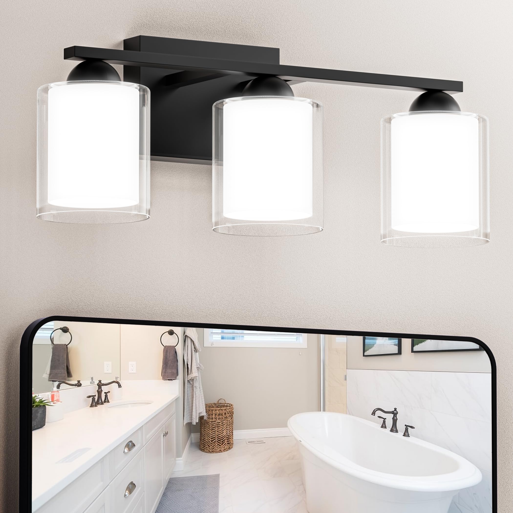 Quntis Bathroom Lighting Fixture - 3 Light Dimmable LED, 21W, 5 Color Modes, Black & Clear, 16 Inch, Metal