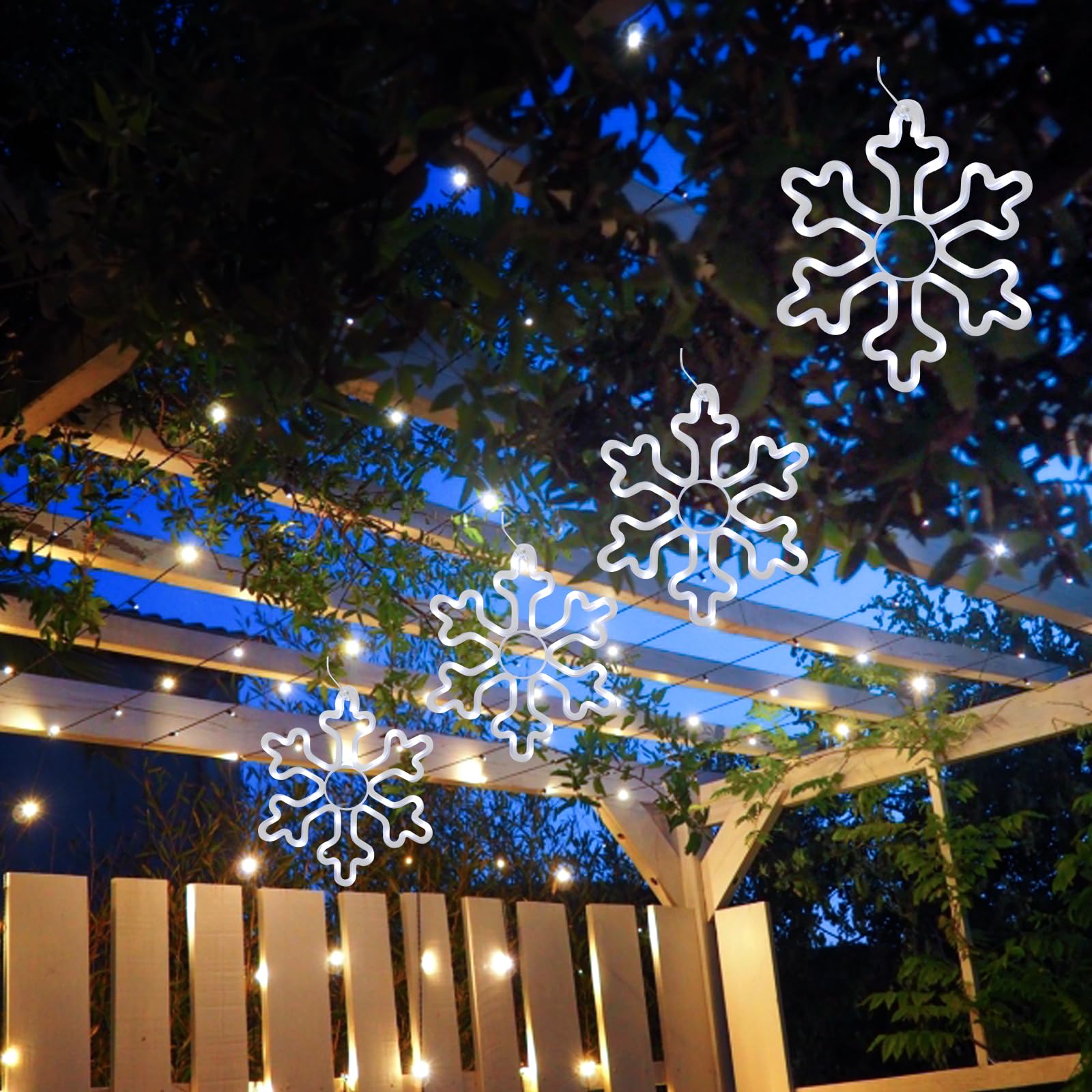 HuiZhen 4pcs LED Snowflake Lights Outdoor Christmas Decorations, White, 11.4in, PVC, 8 Lighting Modes & Timer