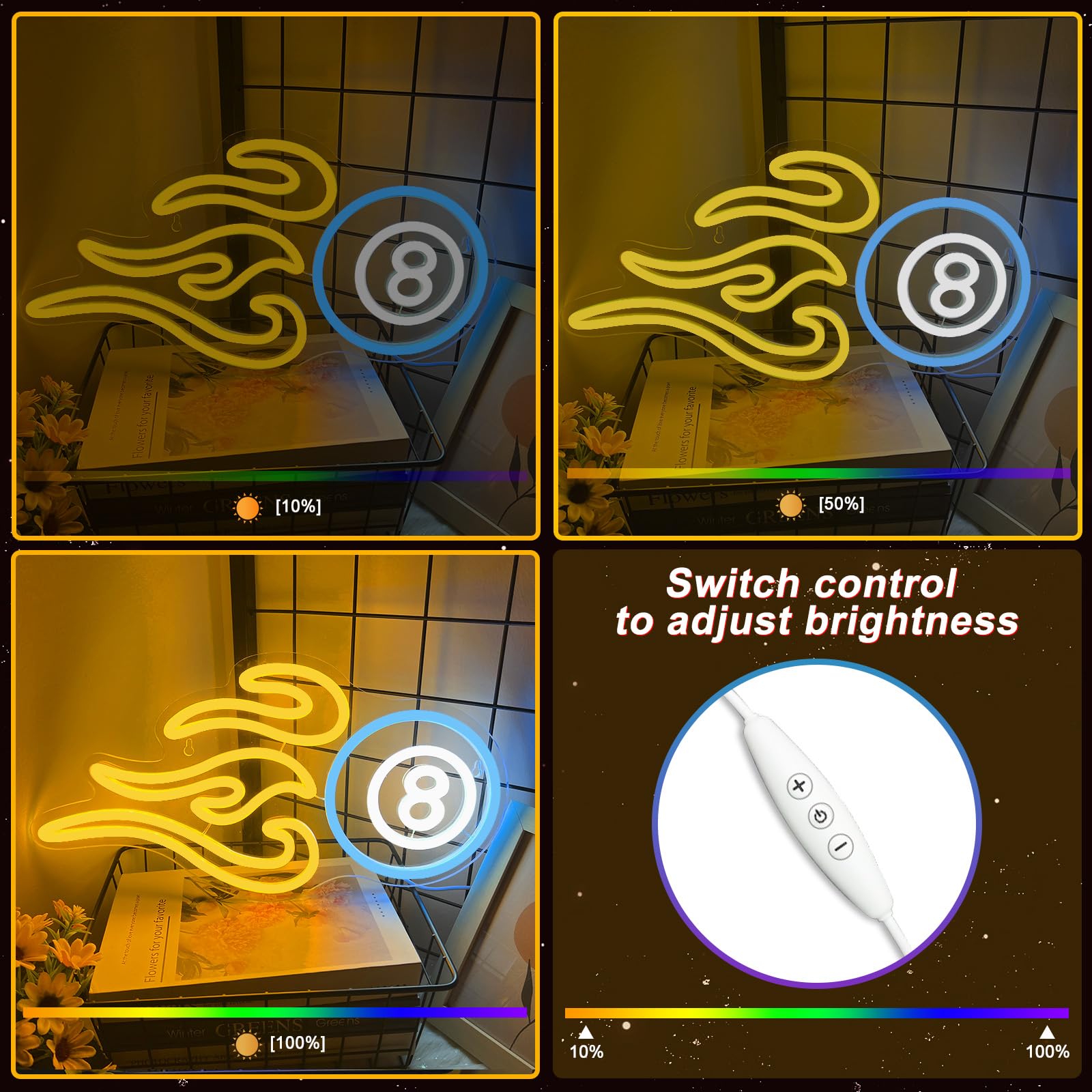 Billiards Neon Sign For Wall Decor, Dimmable Black 8 Led Light Sign, Usb Powered Sign For Gameroom Party Man Cave Beer Bar, Gift Decoration 15.75”×8.27”