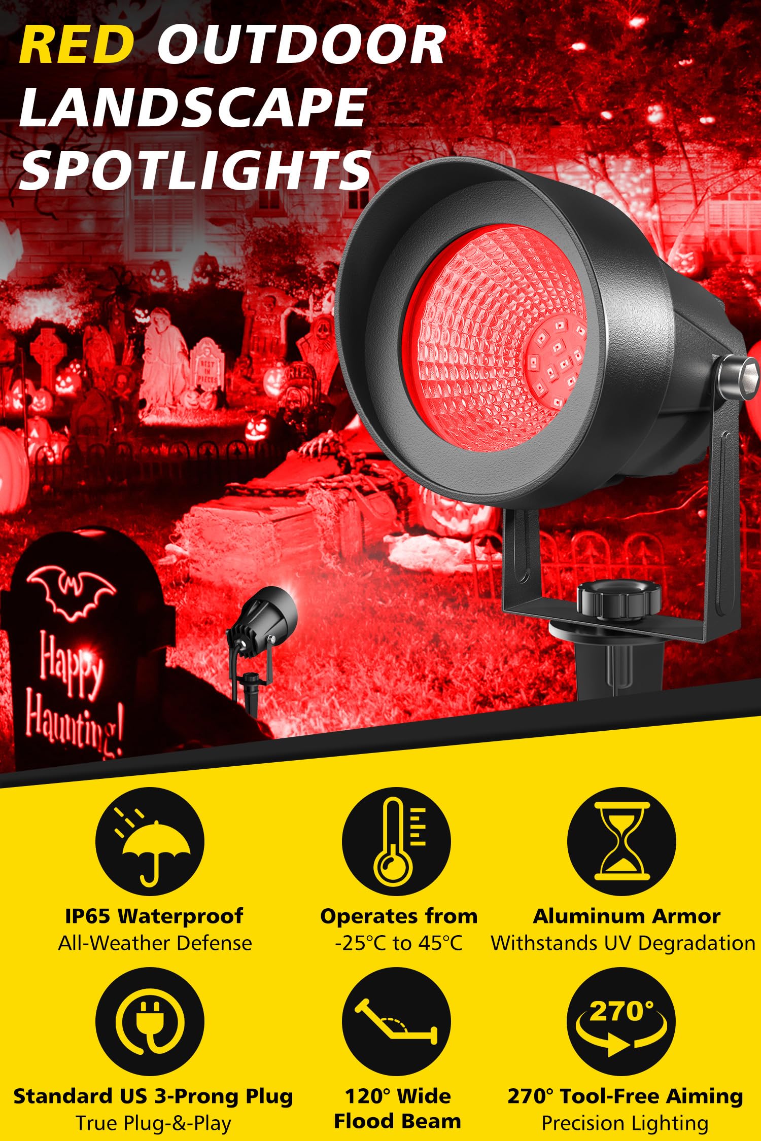 T-SUN LED Landscape Lighting Set of 2, Waterproof Red Spotlight, 270° Adjustable, Aluminum, Easy Install, Model TS-F2020-1H
