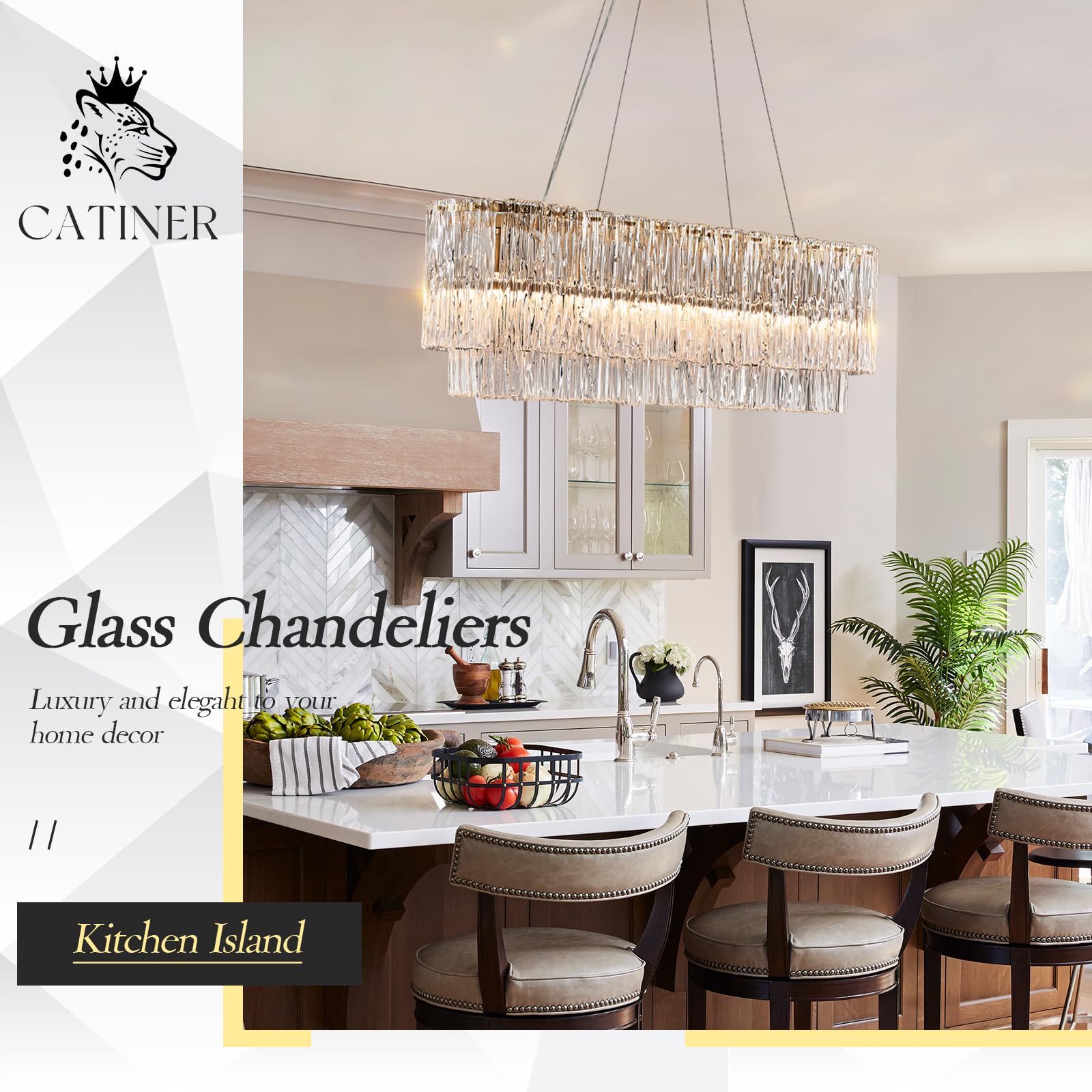 Catiner Gold Rectangle Chandeliers For Dining Room Modern Island Light Crystal Glass6-Light Chandelier Rectangular Linear Pendan