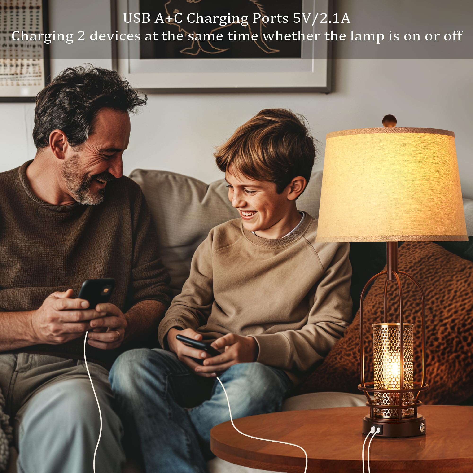 Srjja 28'' Table Lamps For Living Room Set Of 2, Retro Farmhouse 3-Way Dimmable Industrial Touch Bedside Lamps With Usb A+C For