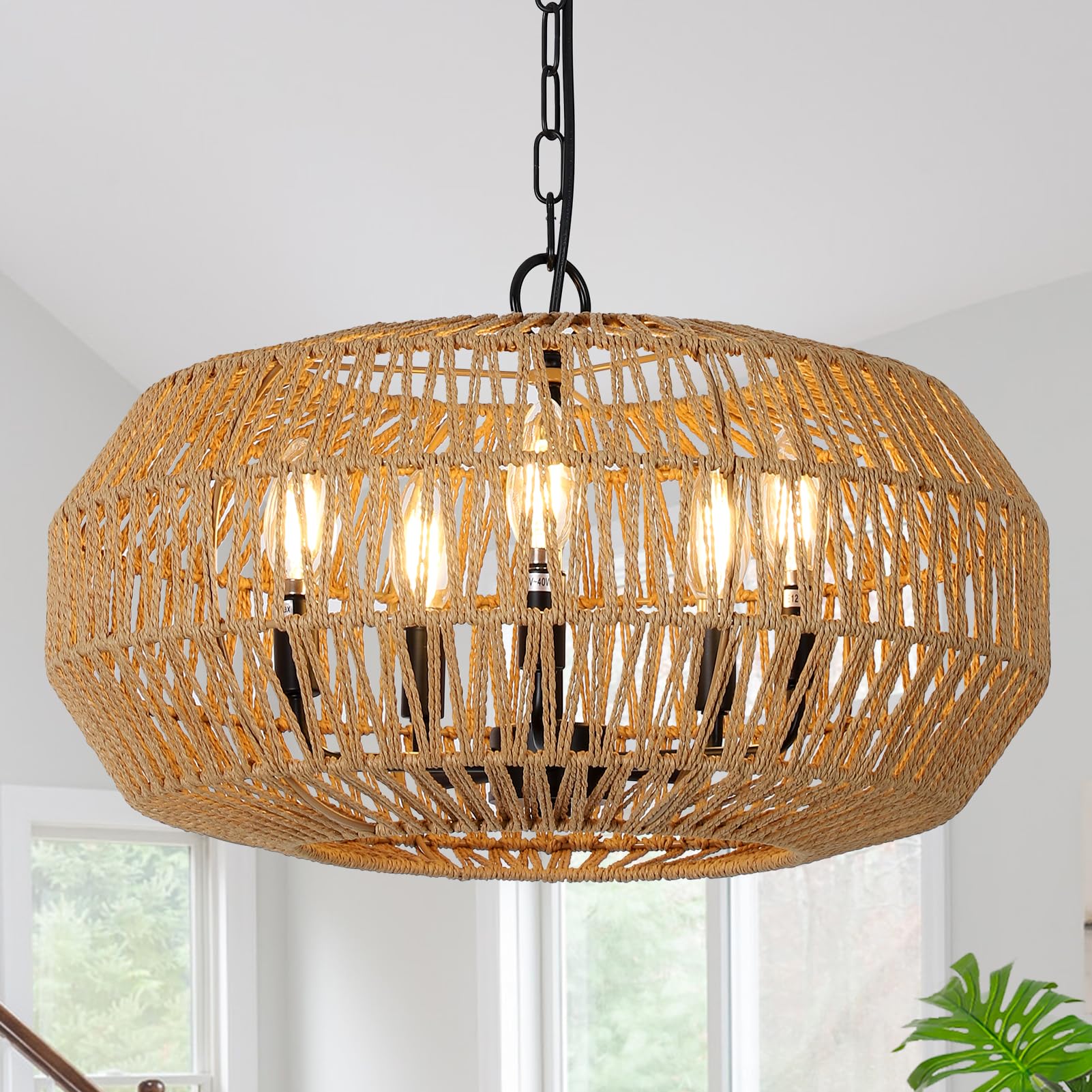 Stepeak Boho Rattan Chandeliers for Dining Room Light Fixture  5-Lights Large Farmhouse Pendant Lighting with Wicker Shade  Coastal Basket Chandelier for Living Room Kitchen Island Bedroom Foyer