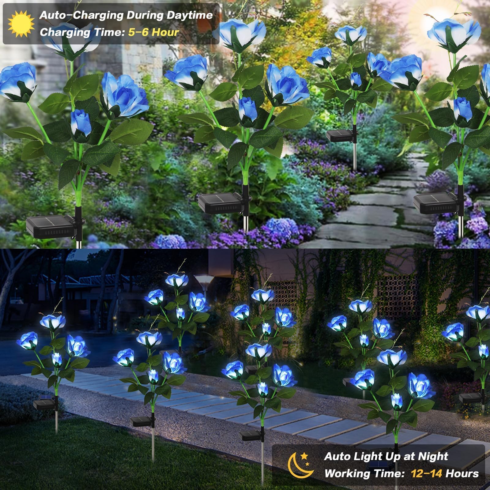 Syouhome Solar Garden Lights Outdoor  4 Pack Solar Flower Lights Outdoor Waterproof With 16 Rose  2 Modes Realistic Rose Flower For Yard  Pathway  Garden Decor & Gardening Gift