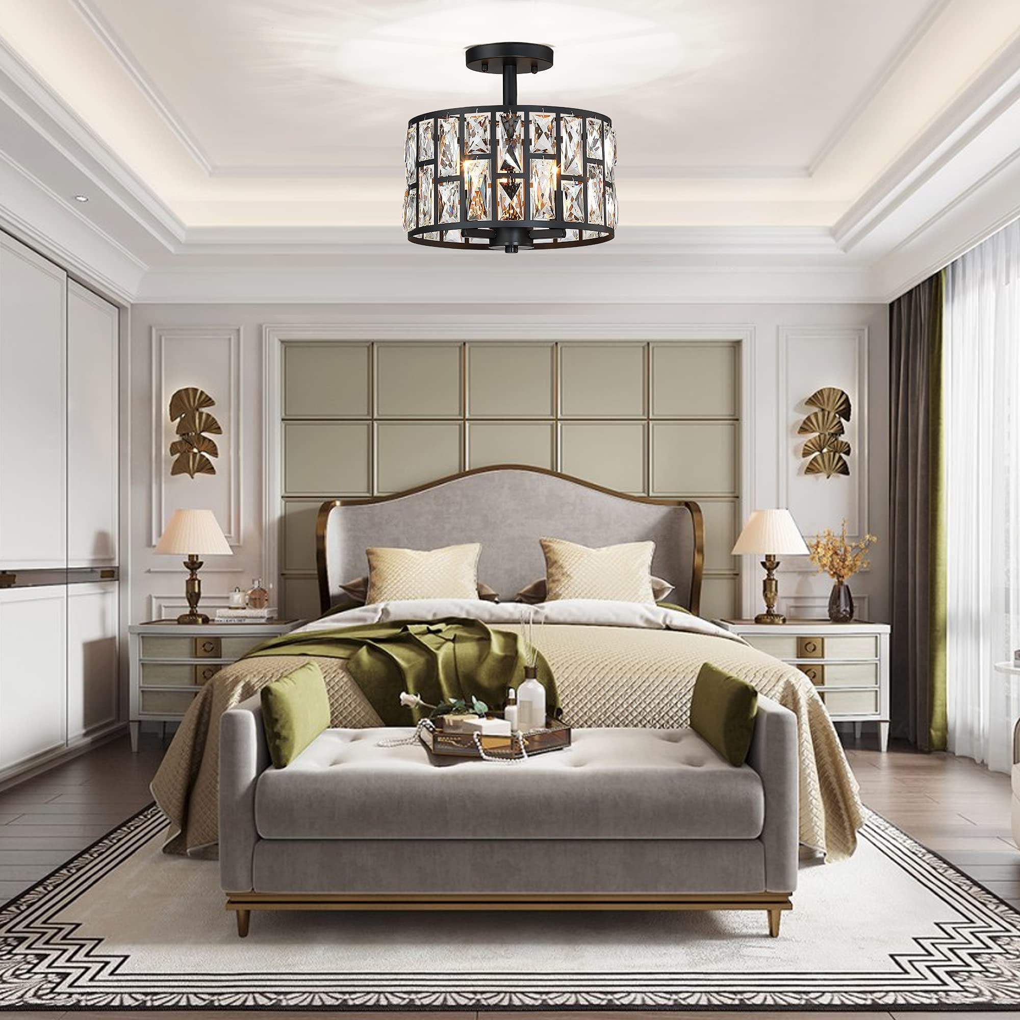 Mexo Black Farmhouse Crystal Semi Flush Mount Light Fixture, 3Lt Drum Shade For Home Decor