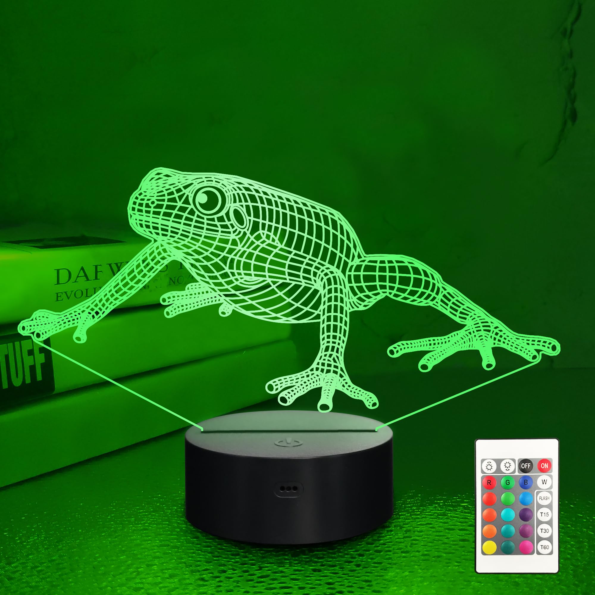 Lampeez Frog 3D Night Light with Remote Control, 16 Colors, Model DL-LPZ, Green