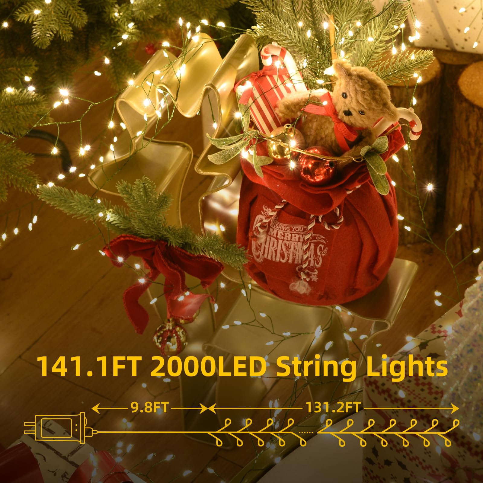 Lycklig Fairy Lights Plug in 2000 LED Warm Twinkle String Light 130Ft Green Wire for Christmas Wreath Decor Model LY-2000LED-LS-WW-YK
