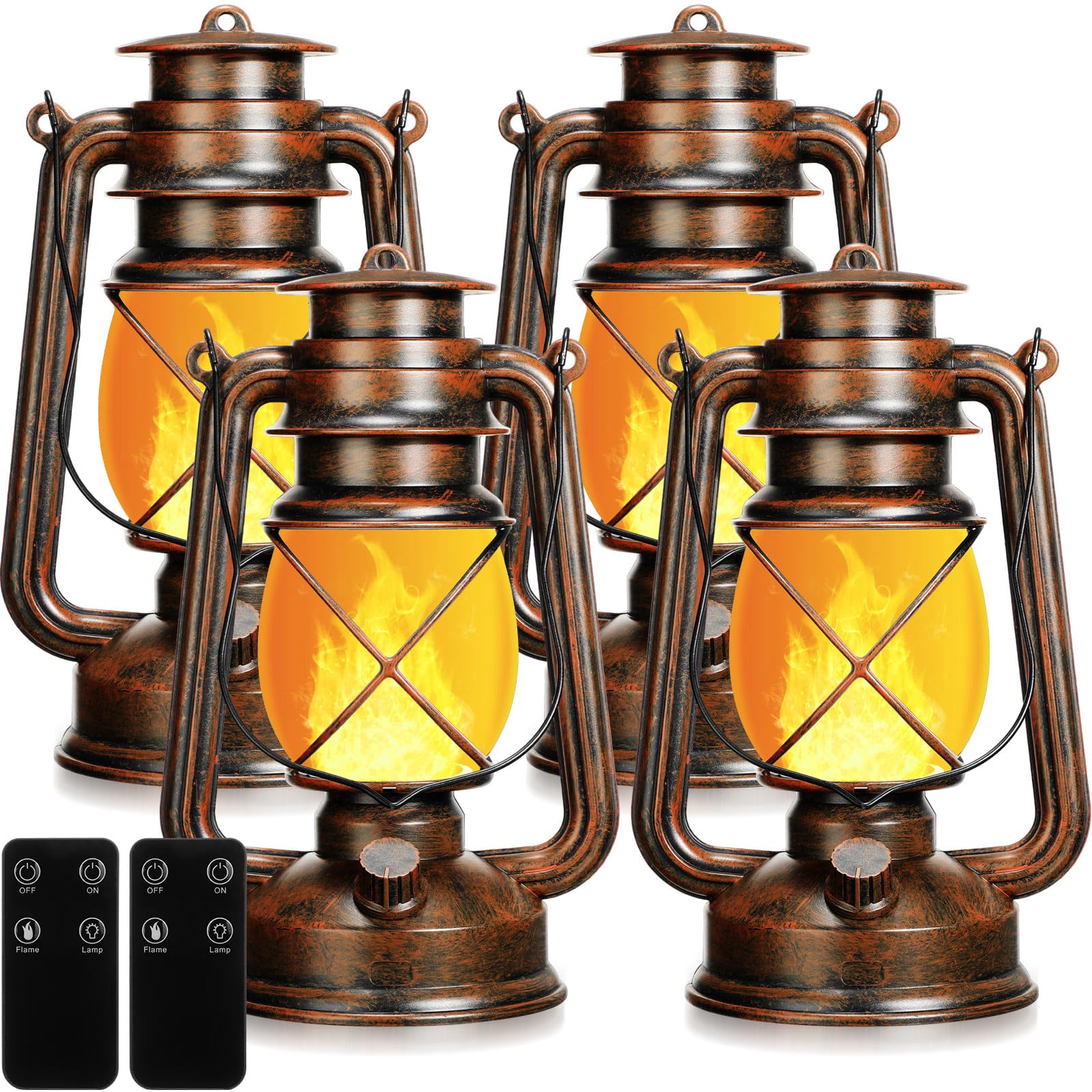 Retisee Vintage LED Lantern, Battery Powered, Flickering Fire Lamp, Remote Control, Bronze, Model TOU-Retisee-1416, 4 Pcs