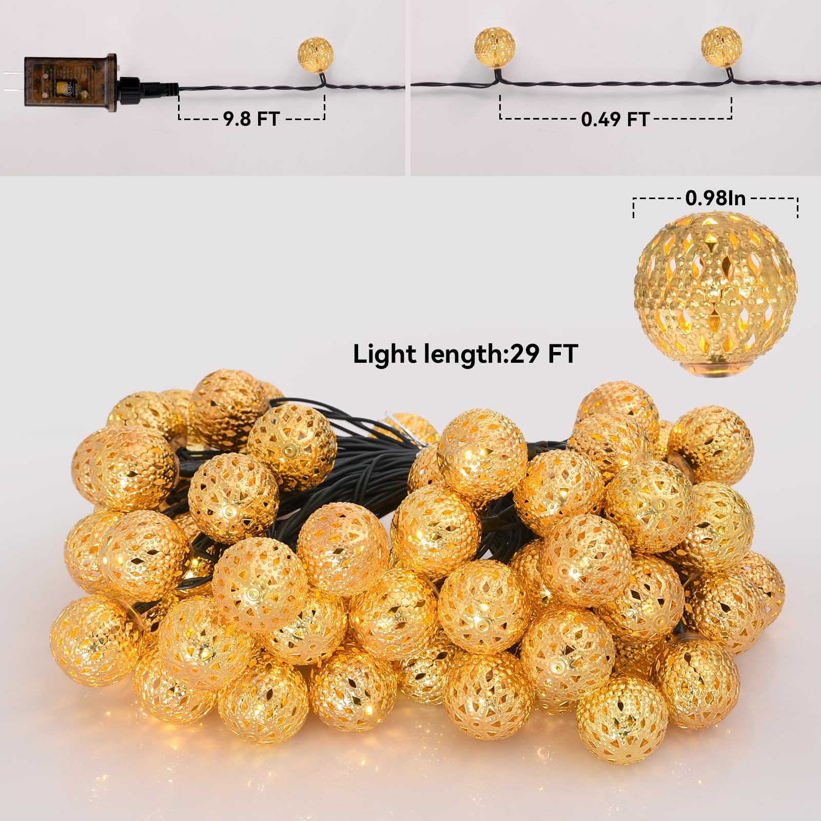Lightique Moroccan String Lights - 60 Led, 29Ft, Waterproof, 8 Modes, Remote Control, Warm White, Decorative Globe For Indoor/Outdoor Use