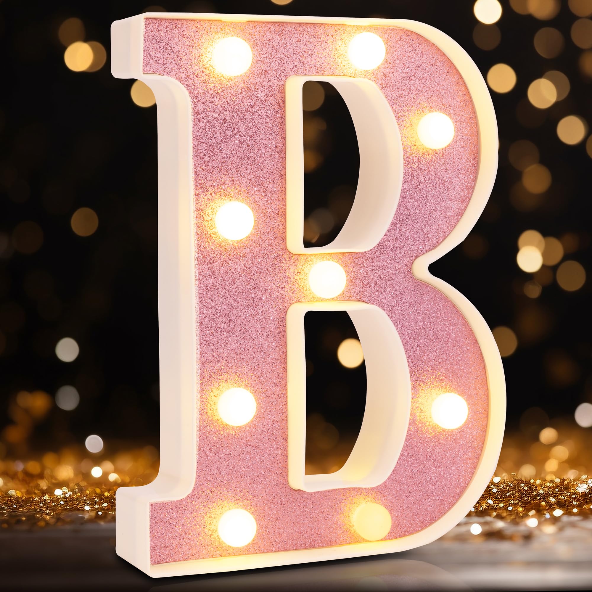 DyingSwan Small LED Marquee Letter B, 8.58 Inch, Battery Powered, Pink Glitter Plastic Light Up Sign for Party and Decor