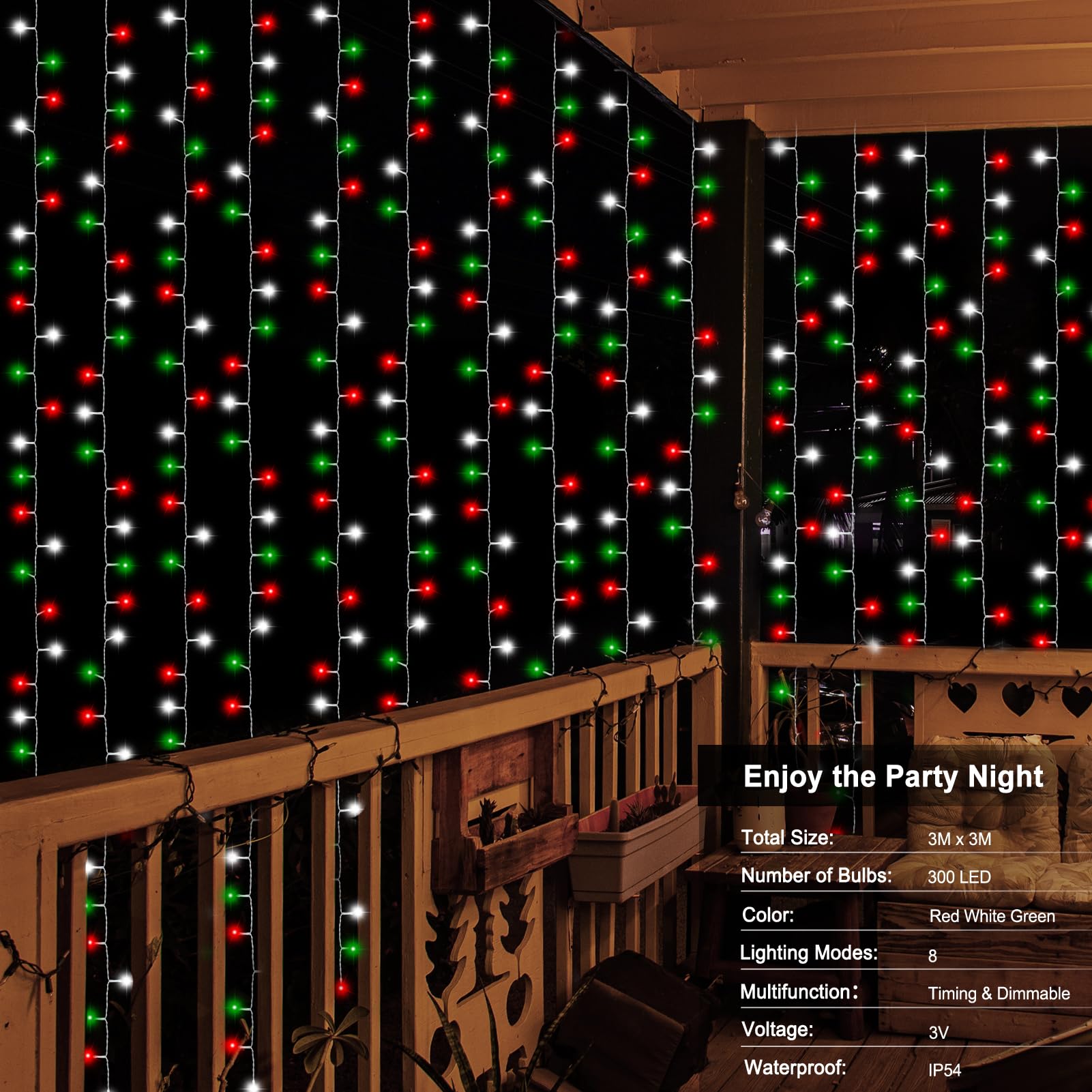 Echosari Red White And Green Christmas Curtain Lights Battery Operated, 300 Led Fairy Curtain Lights 9.8Ft X 9.8Ft Hanging Lights With Remote Timer For Party Holiday Garden Yard Decor