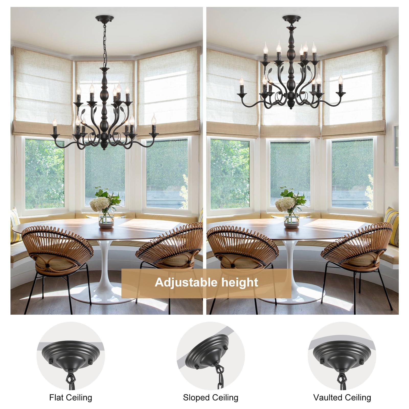 Ganeed 12-Light Black Farmhouse Chandelier, Rustic Iron Pendant Lighting for Dining Room, Kitchen Island, Model 122-12