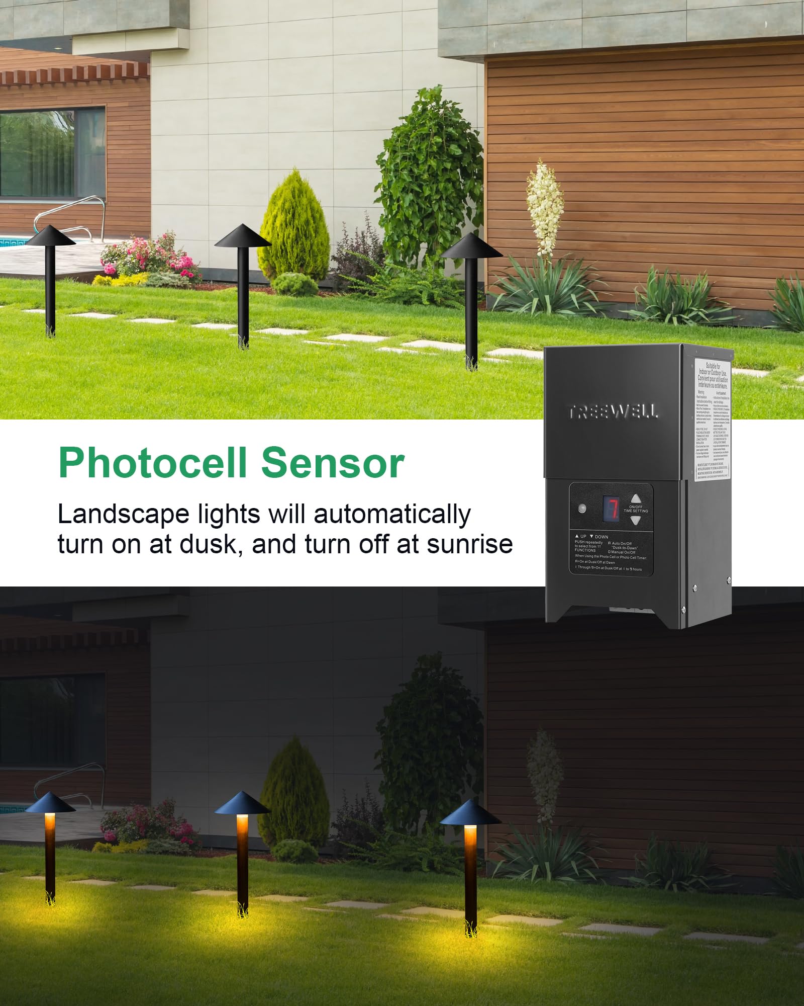 Treewell 300W Low Voltage Landscape Transformer, Waterproof Black Stainless Steel, with Photocell Sensor & Timer, ETL Listed