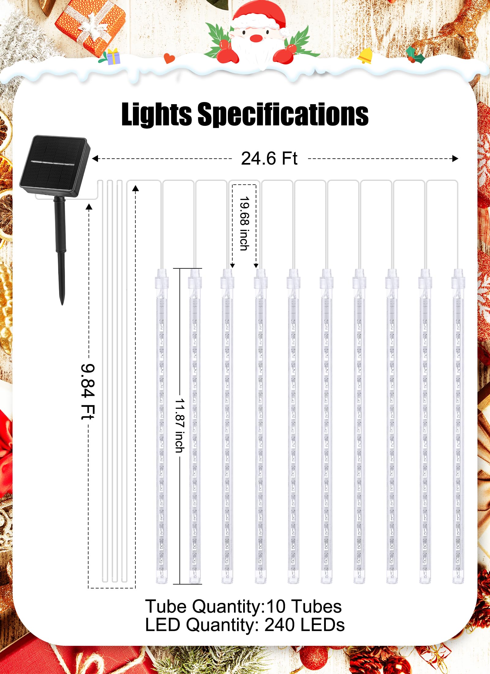 Solar Meteor Shower Lights, 10 Tubes 240 Led Meteor Lights, Waterproof Solar Christmas Decorations, Cascading Falling Rain Light