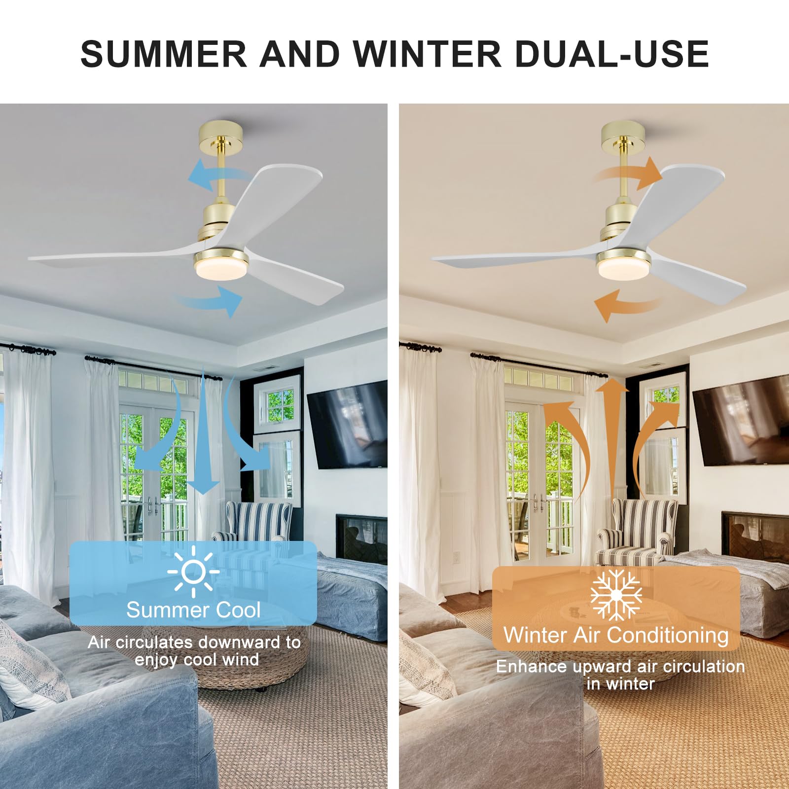 BOJUE 52" Gold Ceiling Fan with Lights, White Solid Wood Blades, Remote Control, Modern Design for Indoor/Outdoor Use