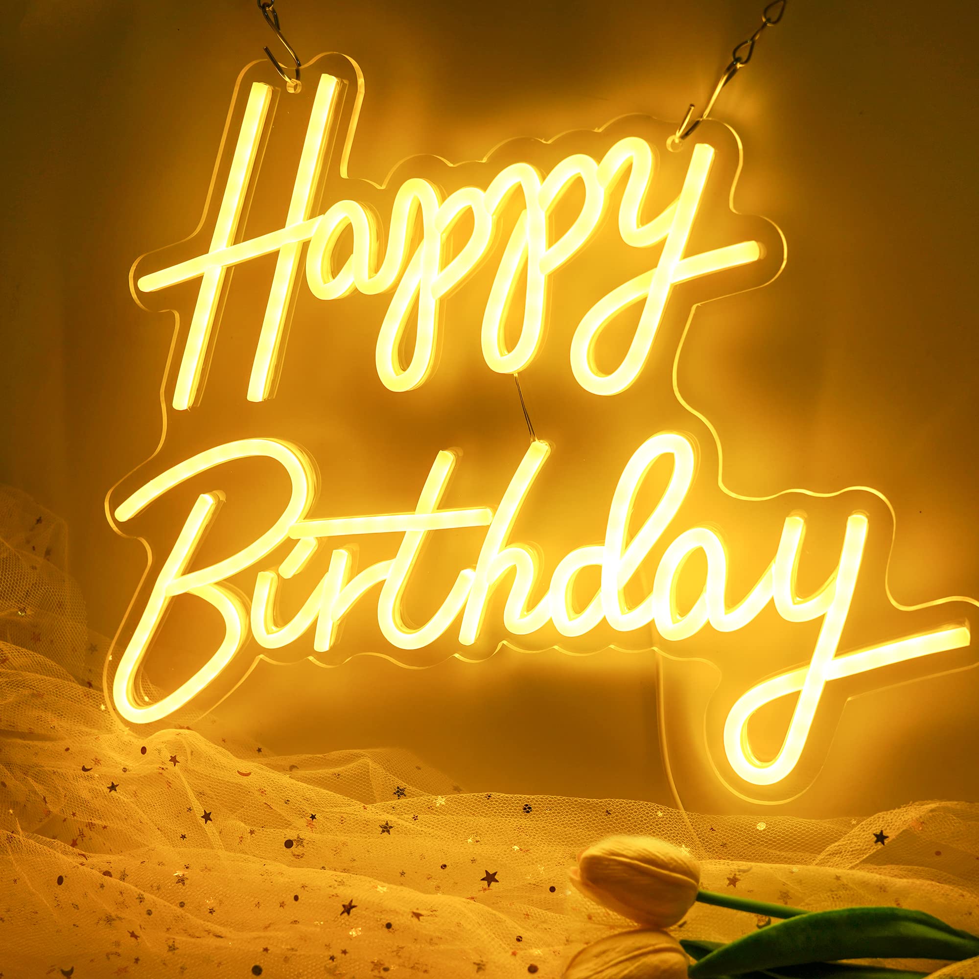 Aslanka LED Neon Sign, Happy Birthday Decor, USB Powered, 15.7 x 7.8 inch, Warm White, Acrylic, Model: aslnaka